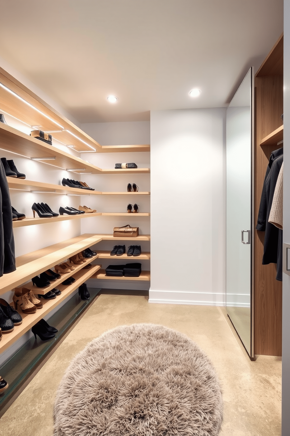 A modern walk-in closet featuring sleek floating shelves that create an open and airy feel. The shelves are made of light wood, arranged asymmetrically to display shoes and accessories, while a plush area rug adds warmth to the polished concrete floor. The closet is illuminated by recessed lighting that highlights the organized space. A full-length mirror is positioned against one wall, reflecting the stylish design and enhancing the overall spaciousness.