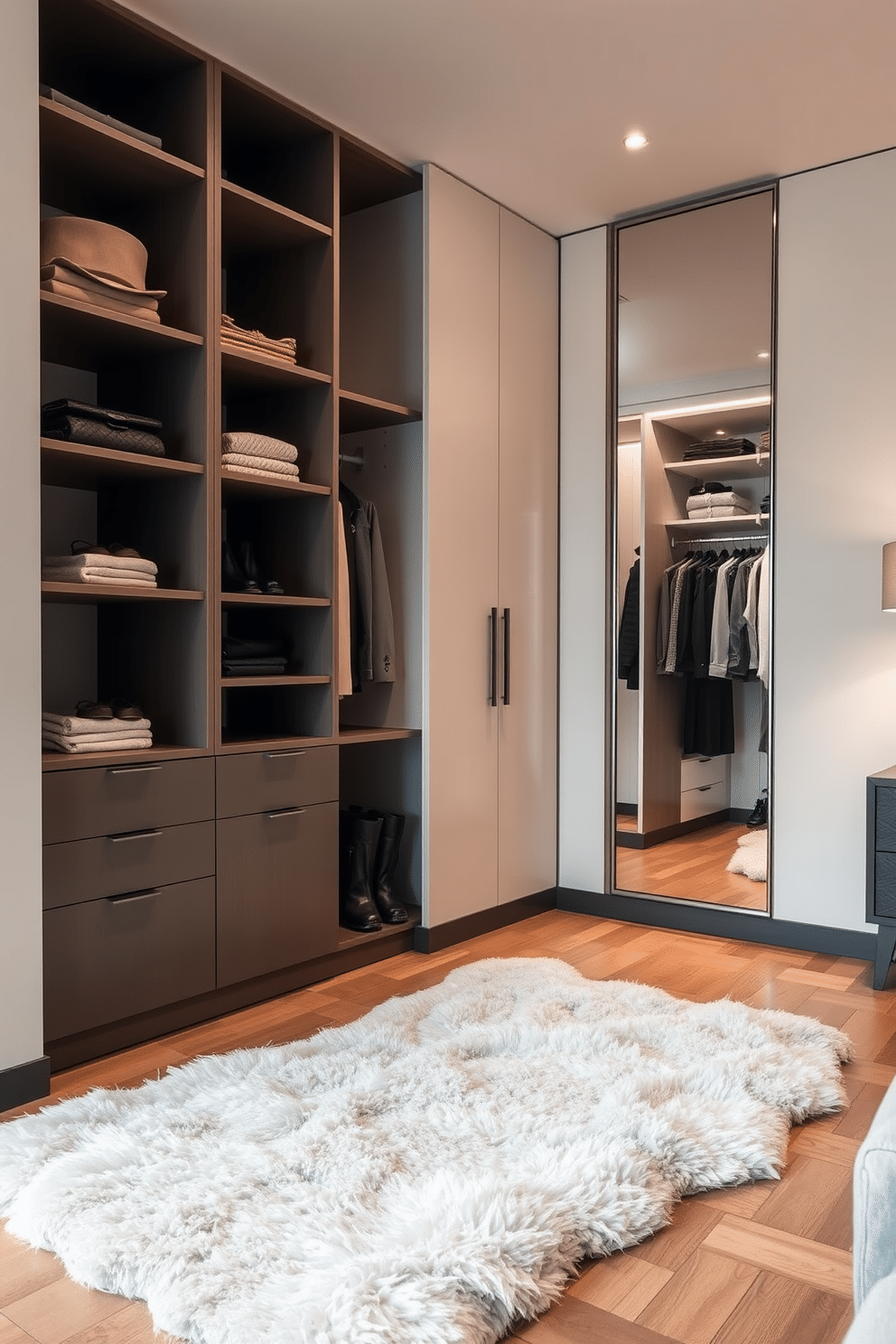 A plush, soft area rug lies elegantly on the hardwood floor, adding warmth and texture to the space. Its muted colors complement the surrounding decor, creating a cozy atmosphere that invites relaxation. The modern walk-in closet features sleek cabinetry with a combination of open shelves and closed storage, maximizing both style and functionality. Soft LED lighting illuminates the space, highlighting the carefully organized accessories and clothing, while a full-length mirror adds an element of luxury.