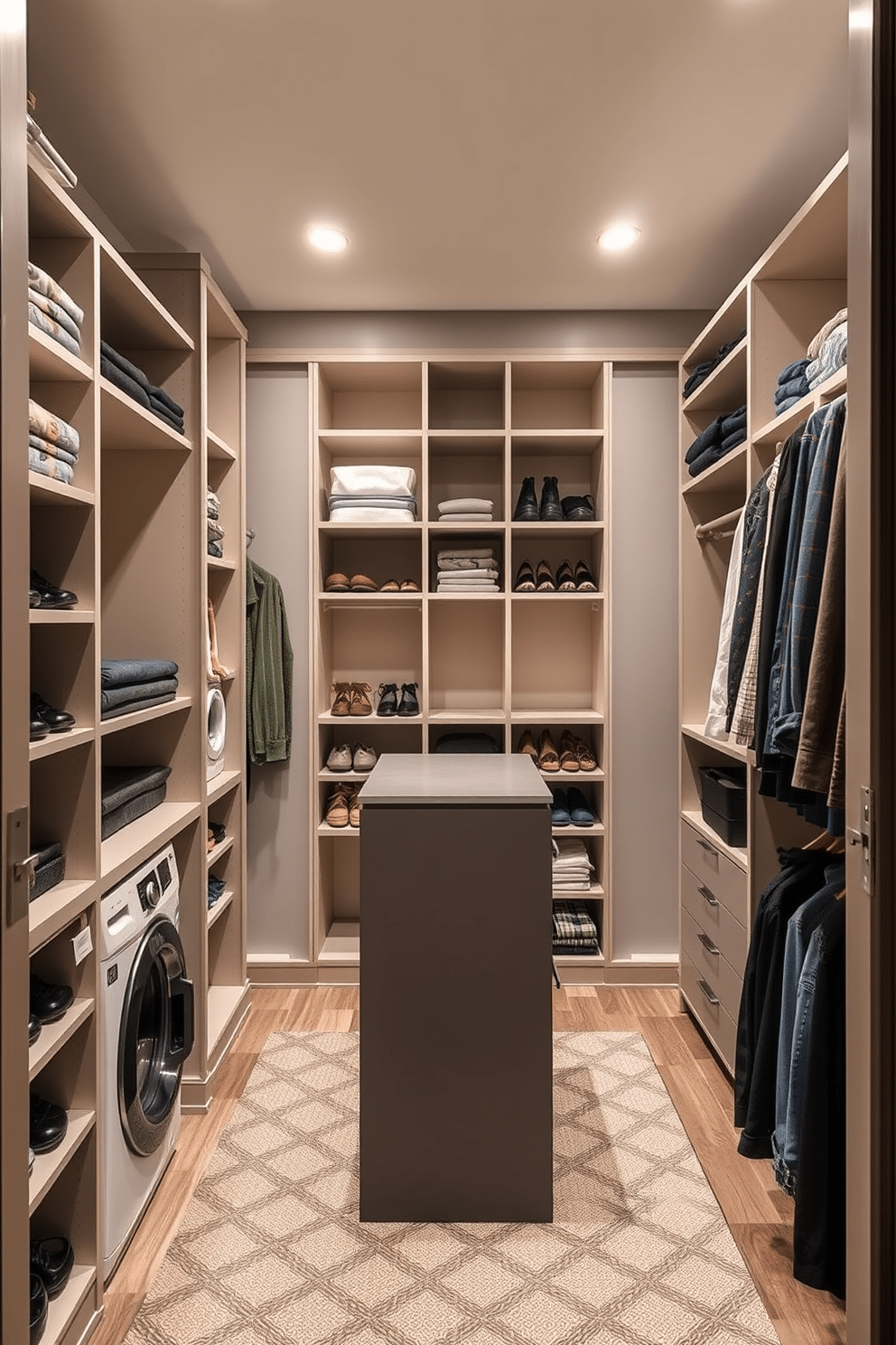 A modern walk-in closet featuring built-in hampers for laundry organization. The space includes custom shelving for shoes and accessories, with a central island for folding clothes, all illuminated by soft, recessed lighting.