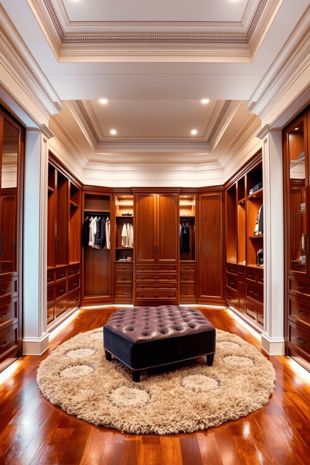 A luxurious walk-in closet featuring elegant crown molding that enhances the overall sophistication of the space. The closet is filled with custom cabinetry in a rich wood finish, providing ample storage for clothing and accessories. Soft, ambient lighting illuminates the space, highlighting a plush area rug that adds warmth underfoot. A stylish ottoman sits in the center, offering a comfortable spot for dressing or putting on shoes.