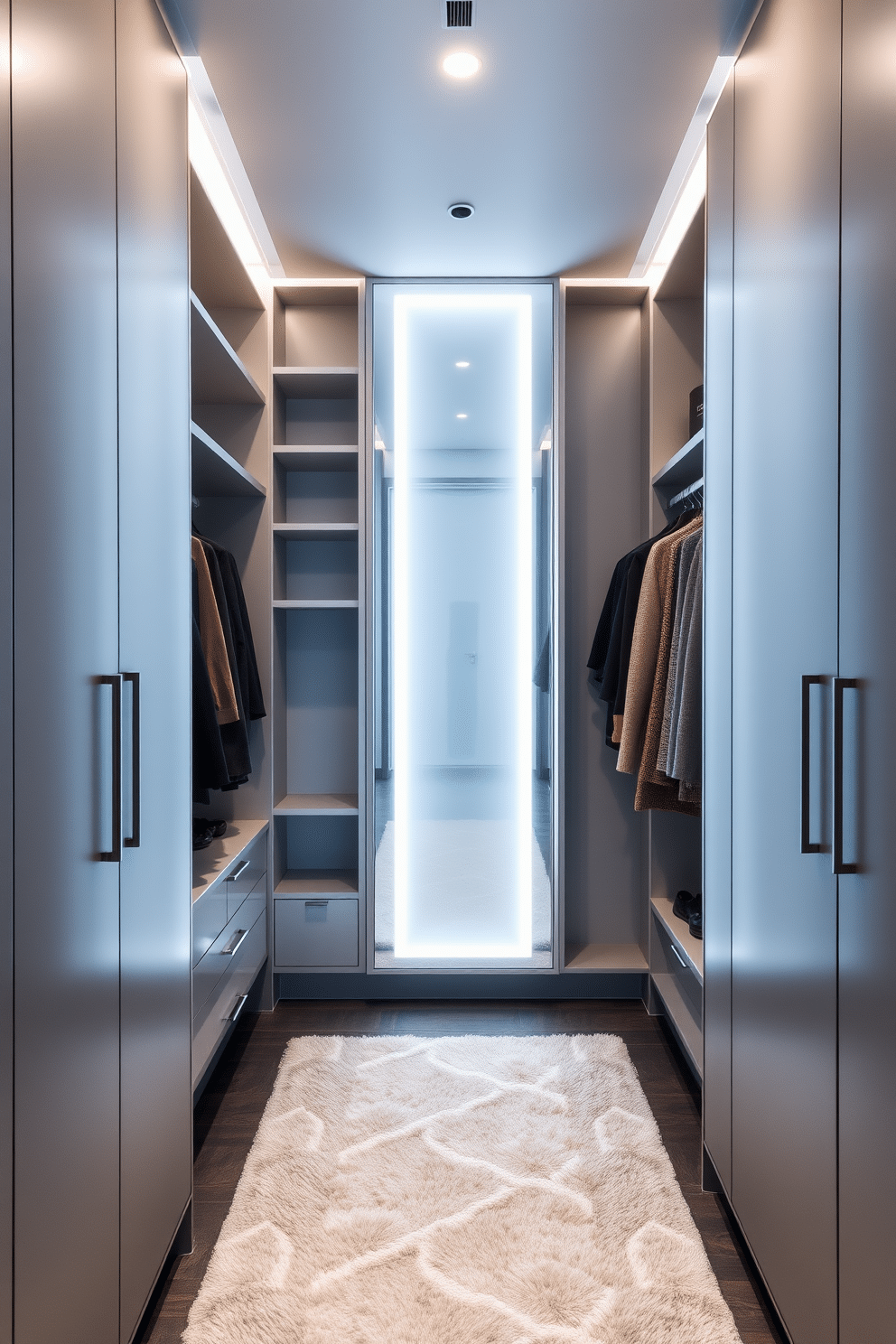 A modern walk-in closet featuring integrated technology for smart organization. The space includes automated shelving and lighting, with a sleek, minimalist design that incorporates touch-screen controls for climate and lighting adjustments. The walls are lined with elegant cabinetry in a soft gray finish, complemented by a plush area rug in a neutral tone. A full-length mirror with built-in LED lighting is positioned to enhance the overall ambiance and functionality of the space.