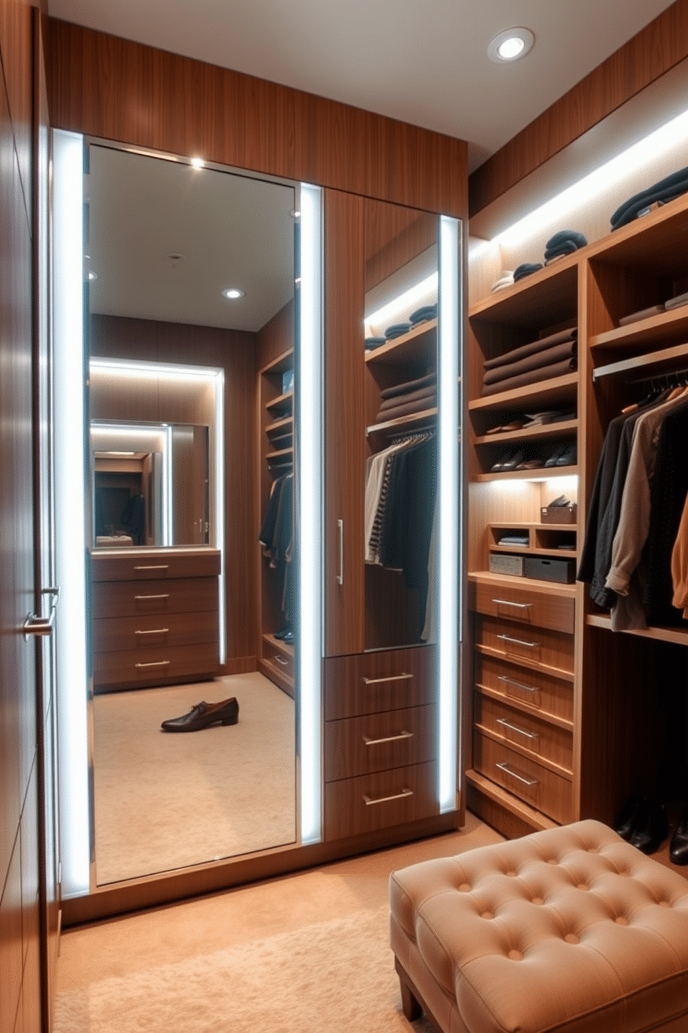 A luxurious dressing mirror with built-in lighting illuminates the space, enhancing the elegant design of the walk-in closet. The mirror is framed in polished chrome, reflecting the soft glow of LED lights that highlight the rich textures of the surrounding cabinetry. The walk-in closet features custom shelving and drawers, seamlessly organized for easy access to clothing and accessories. Plush carpeting underfoot adds warmth, while a stylish ottoman provides a comfortable spot for dressing.