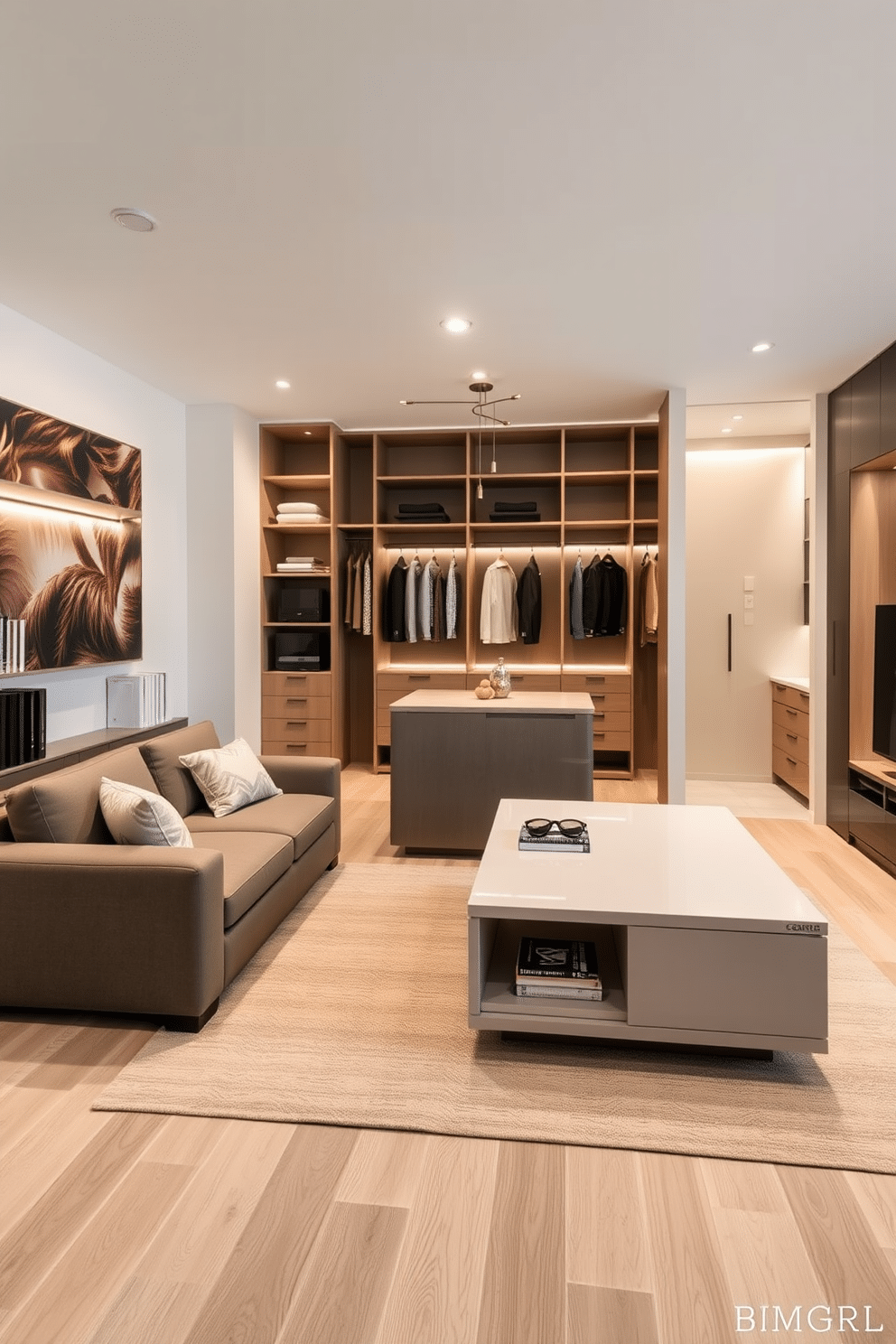 A sleek, modern living space features a stylish sofa that transforms into a bed, paired with a coffee table that doubles as a storage unit. The room is accented with a modular bookshelf that can be reconfigured to suit various needs, all set against a backdrop of soft, neutral tones. The walk-in closet showcases a blend of open shelving and closed cabinetry, providing ample storage while maintaining an airy feel. Elegant lighting fixtures illuminate the space, highlighting a chic island in the center for accessories and additional organization.