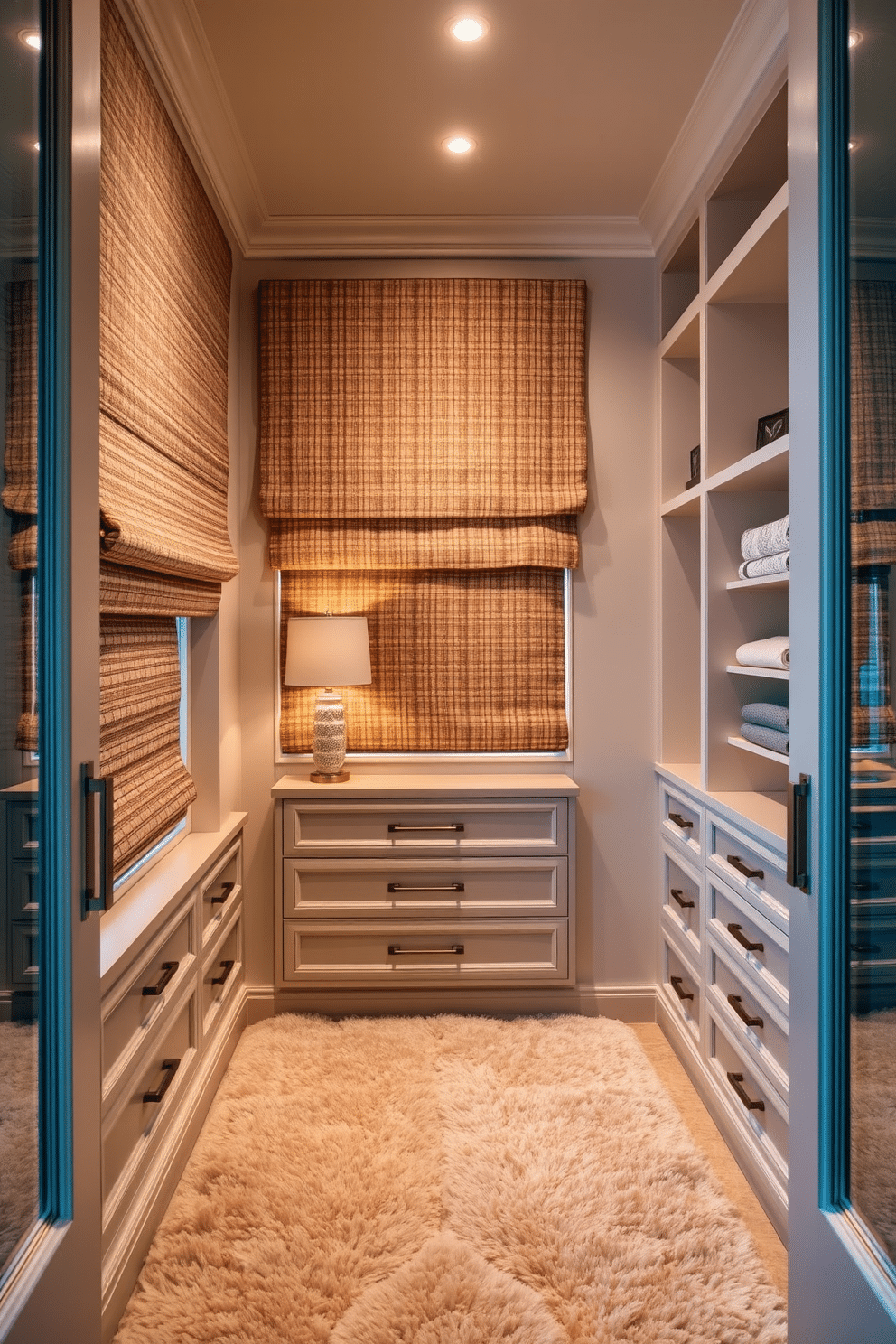 A luxurious walk-in closet featuring textured fabrics for window treatments that create a warm and inviting atmosphere. The walls are lined with custom shelving and hanging space, while plush carpets add comfort underfoot, enhancing the overall elegance of the design.