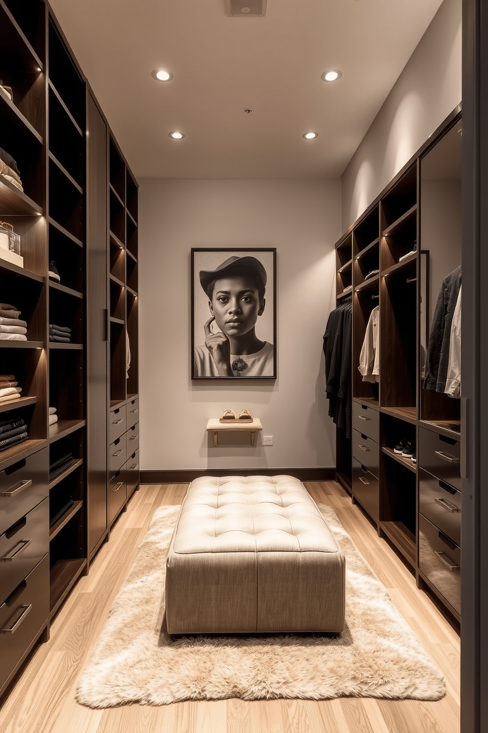 A modern walk-in closet featuring sleek, custom cabinetry with a mix of open shelving and closed storage. Soft, ambient lighting illuminates the space, highlighting a plush area rug and a stylish ottoman in the center. The walls are painted in a calming neutral tone, adorned with carefully selected artwork that adds a personal touch to the design. A full-length mirror is positioned to reflect the elegance of the space, enhancing both functionality and aesthetics.