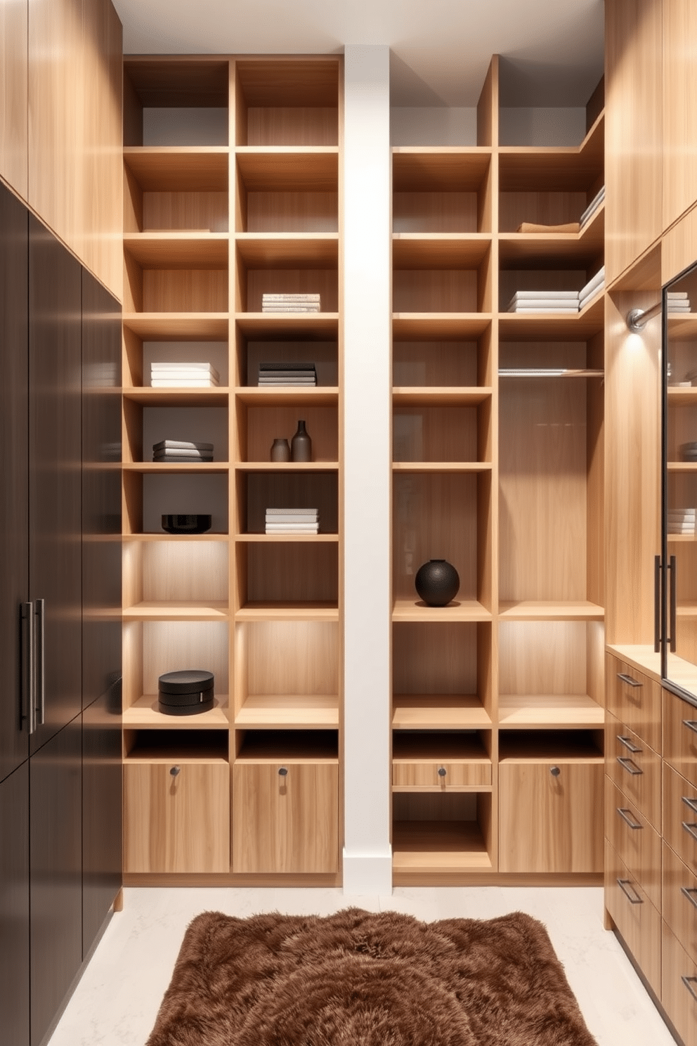 A minimalist shelving unit designed for a clean, uncluttered look. The shelves are made of light wood with a smooth finish, arranged in a symmetrical pattern against a white wall. The unit features a combination of open and closed storage, allowing for both display and concealment of items. Soft LED lighting is integrated into the shelves to highlight decorative pieces while maintaining a serene ambiance. --- A modern walk-in closet designed for optimal organization and style. The space includes floor-to-ceiling cabinetry in a sleek, dark finish, complemented by minimalist hardware. Open shelving and hanging rods are strategically placed for easy access to clothing and accessories. A plush area rug adds warmth, while a full-length mirror enhances the sense of space and functionality.