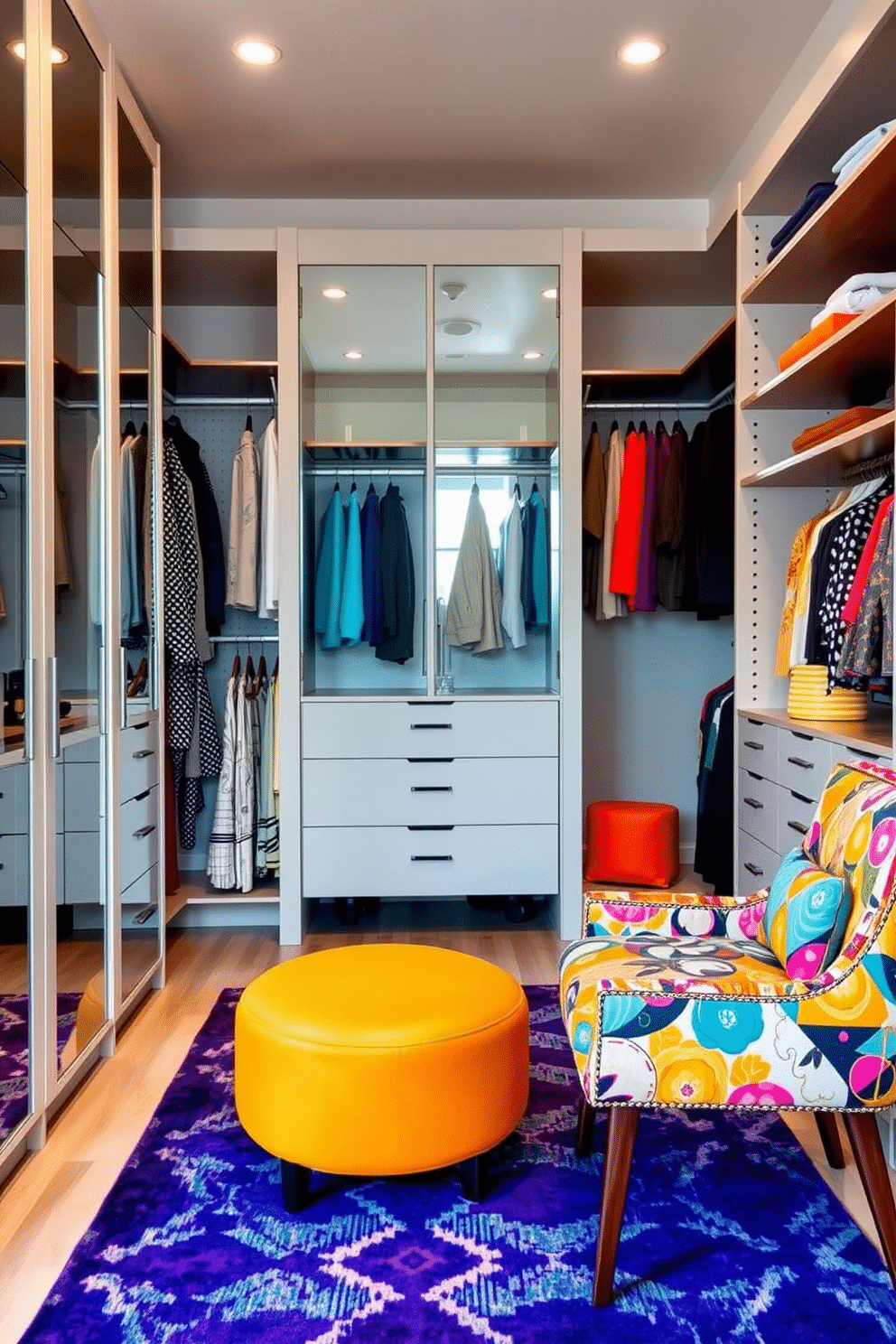 A modern walk-in closet featuring colorful accent furniture that adds vibrancy to the space. The closet is designed with sleek shelving and hanging areas, complemented by a bold, patterned rug that enhances the overall aesthetic. Incorporate a plush ottoman in a bright hue and a stylish chair with unique upholstery to create a comfortable seating area. The walls are adorned with mirrors to reflect light, while the lighting fixtures provide a warm ambiance, making the closet both functional and inviting.