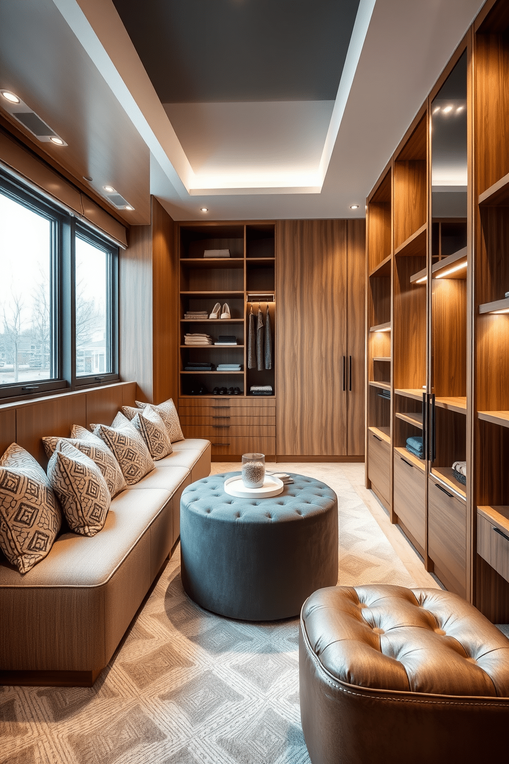 Integrated seating area with cushions. A cozy nook features a built-in bench adorned with plush, patterned cushions in soft hues. Natural light floods the space through large windows, highlighting the warm wood tones of the surrounding cabinetry. A small, round coffee table sits in the center, perfect for displaying books and decorative items. Modern walk-in-closet design ideas. The walk-in closet showcases sleek, floor-to-ceiling cabinetry with a mix of open shelving and closed storage for a clean aesthetic. Soft LED lighting illuminates the space, while a stylish ottoman provides a comfortable spot to sit while choosing outfits.