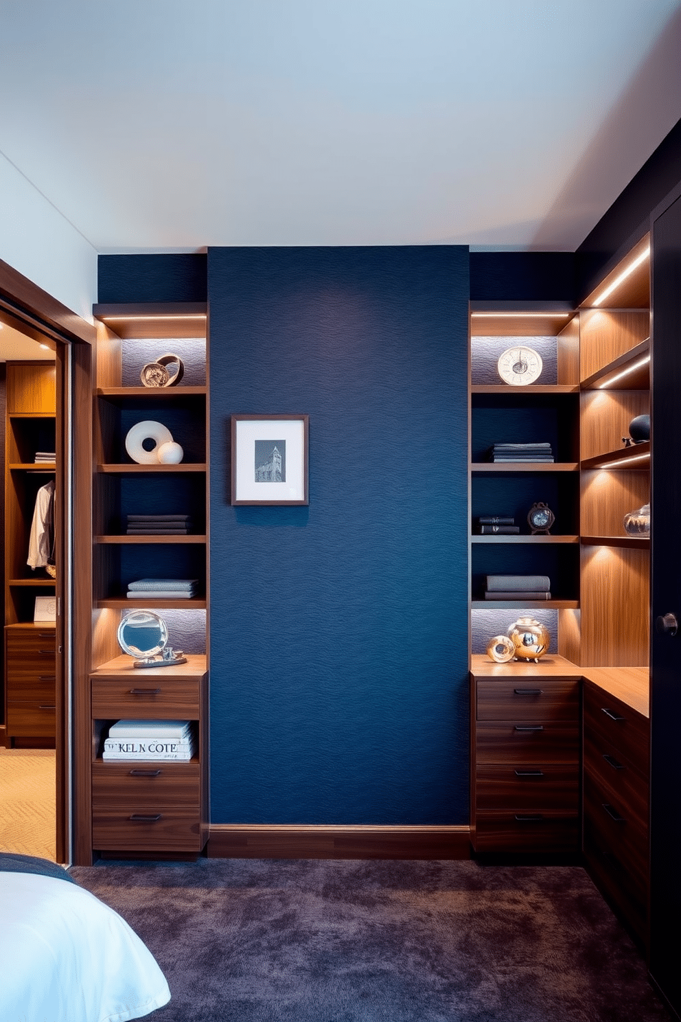 An accent wall features luxurious textured wallpaper in a deep navy hue, adding depth and character to the space. Flanking the wall are sleek built-in shelves displaying curated decor and accessories, enhancing the room's elegance. The modern walk-in closet showcases a blend of open shelving and closed cabinetry, creating an organized yet stylish environment. Soft LED lighting highlights the rich wood finishes and plush carpeting, providing a warm and inviting atmosphere.