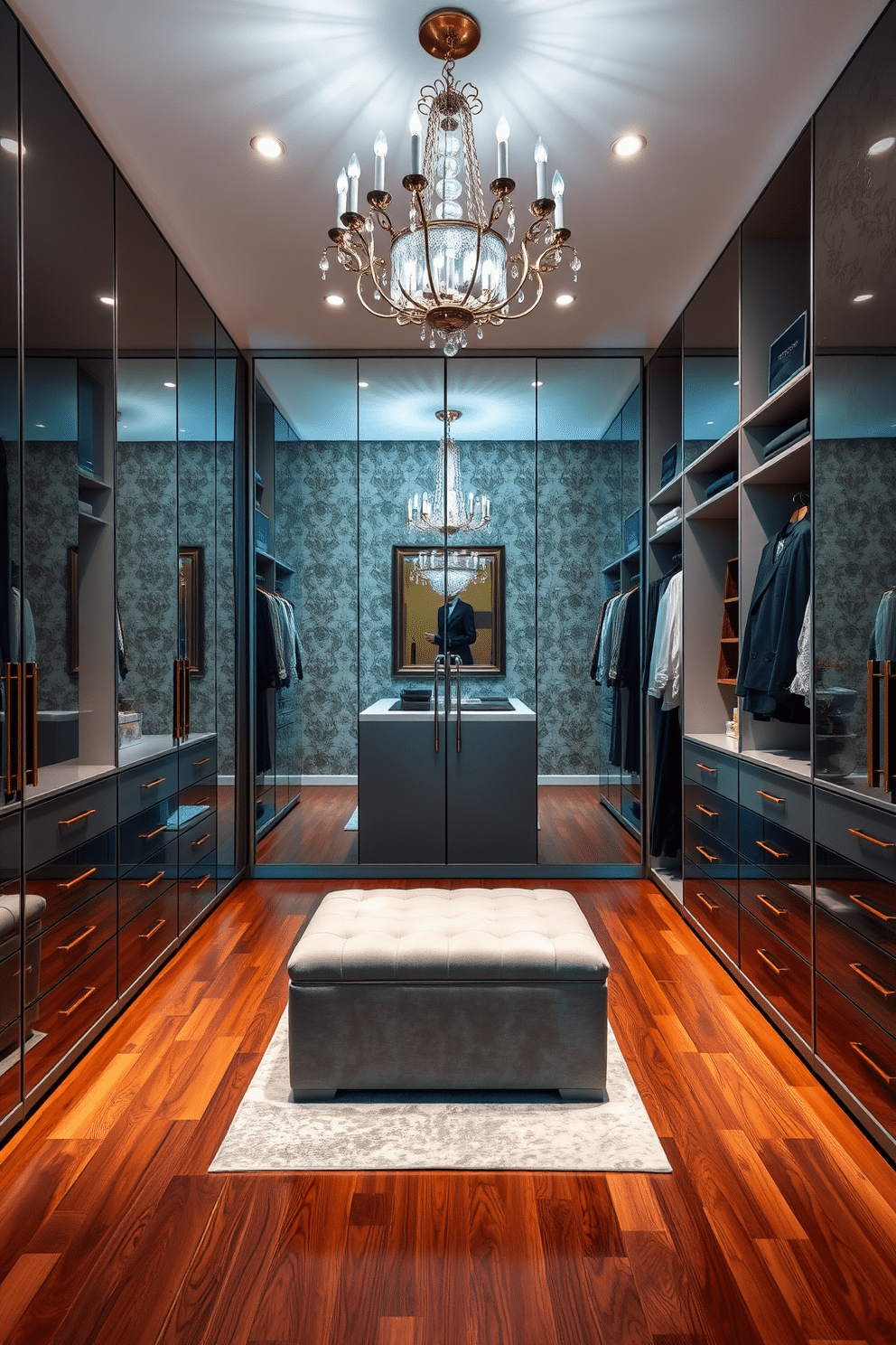 A modern walk-in closet featuring mirrored panels that reflect light and create an illusion of a larger space. The design includes sleek cabinetry with soft-close drawers, an island in the center for accessories, and a plush seating area with a contemporary ottoman. The walls are adorned with elegant wallpaper, and the flooring is a polished hardwood that adds warmth to the space. Ambient lighting is strategically placed to highlight the clothing displays, while a statement chandelier adds a touch of luxury.