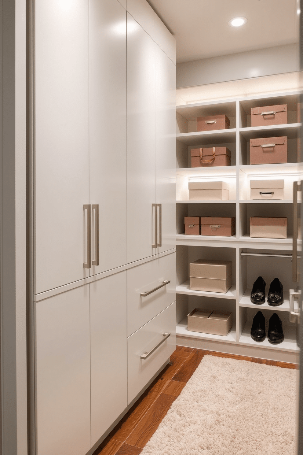 A modern walk-in closet features sleek cabinetry in a soft white finish, complemented by brushed nickel hardware. The flooring is a rich hardwood, providing warmth against the minimalist aesthetic of the space. Color-coordinated accessories, such as matching shoe boxes and elegant storage bins, are neatly arranged on open shelves. A plush area rug in a neutral tone adds a touch of comfort, while strategically placed LED lighting highlights the organized displays.