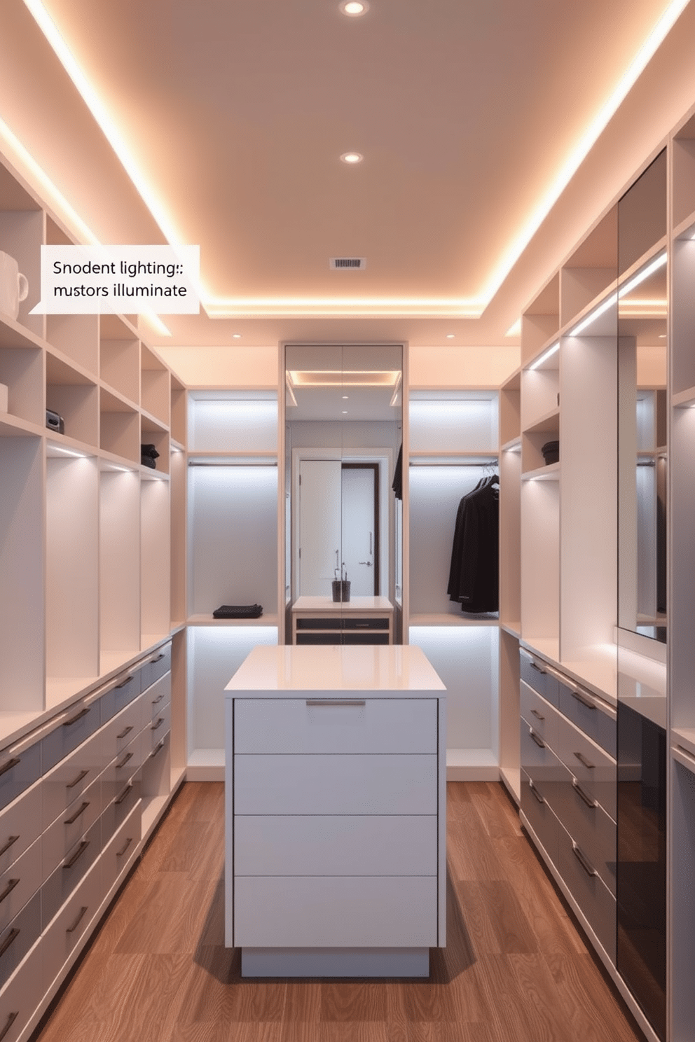 A modern walk-in closet featuring smart lighting with motion sensors that automatically illuminate the space as you enter. The design includes sleek, built-in shelving units, a central island with drawers, and a full-length mirror, all complemented by soft, ambient lighting that enhances the luxurious feel.