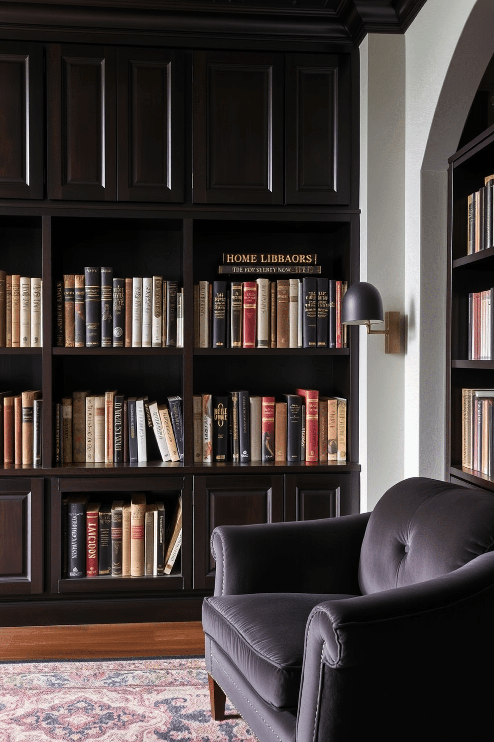 A moody home library featuring dark wood bookshelves adorned with elegant brass accents. The shelves are filled with an array of books, while a plush, deep-colored armchair invites you to sit and read in comfort.