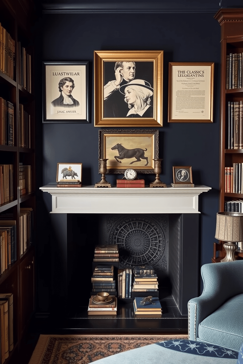 A moody home library adorned with framed art featuring classic literature. The walls are painted in a deep navy blue, creating a cozy and intimate atmosphere, while rich mahogany bookshelves line the room, filled with vintage books and decorative objects.