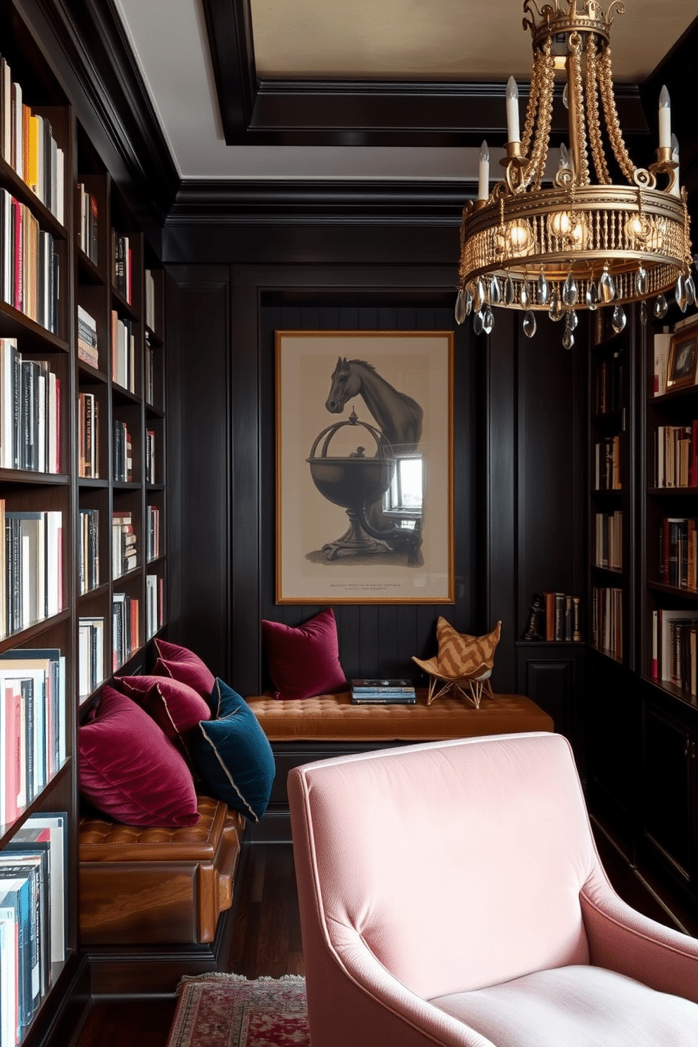 A cozy built-in reading nook features a custom wooden bench adorned with plush cushions in rich, deep hues. The nook is framed by floor-to-ceiling bookshelves filled with an eclectic mix of books and decorative items, creating an inviting atmosphere. The moody home library is designed with dark wood paneling and soft, ambient lighting that casts a warm glow. A vintage chandelier hangs from the ceiling, while a large, comfortable armchair invites readers to settle in with their favorite novel.