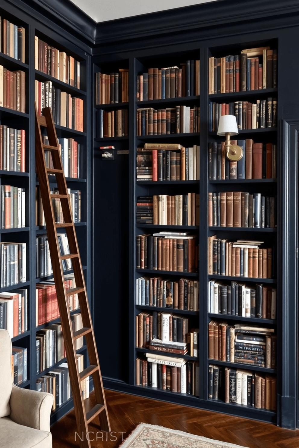 A moody home library featuring dark-stained oak library ladders that elegantly lean against towering bookshelves filled with an eclectic collection of books. The walls are painted in a deep navy blue, creating a dramatic backdrop for the warm wood tones and soft ambient lighting from vintage-style sconces.