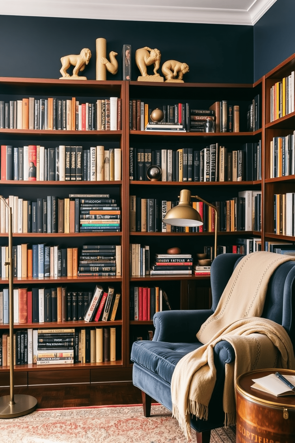 A moody home library featuring sculptural bookends that add visual interest to the space. The walls are painted a deep navy blue, with rich wooden bookshelves filled with an eclectic mix of books and decorative objects. A plush, oversized armchair sits in the corner, draped with a soft throw blanket, inviting cozy reading sessions. Warm, ambient lighting from a vintage floor lamp casts a soft glow, enhancing the library's intimate atmosphere.