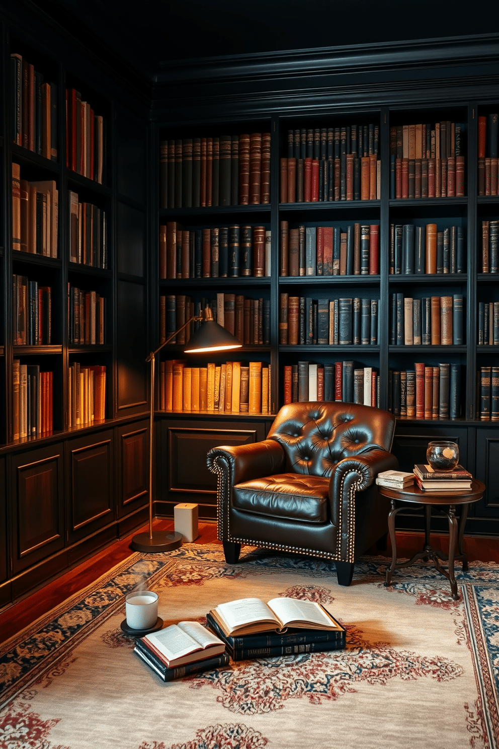 A moody home library with rich, dark wood bookshelves filled with an array of books. Soft, dimmable lighting fixtures create an inviting atmosphere, highlighting a plush leather armchair in the corner, paired with a vintage floor lamp. The walls are painted a deep navy blue, accented by warm gold details in the decor. A large, ornate rug in muted tones anchors the space, while a small side table holds a steaming cup of coffee and a stack of well-loved novels.