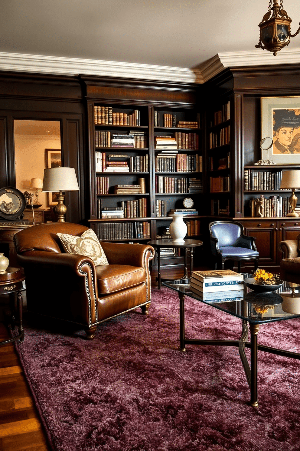 An eclectic home library featuring a blend of antique and modern furniture. A vintage leather armchair is paired with a sleek glass coffee table, creating a striking contrast in style. The walls are lined with dark wood bookshelves filled with a curated selection of books and decorative objects. A plush area rug in deep hues anchors the space, while warm, ambient lighting casts a cozy glow throughout the room.