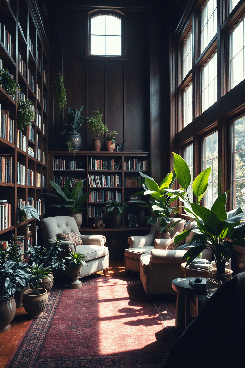 Lush indoor plants create a vibrant atmosphere, with various species arranged in decorative pots of different heights. Sunlight filters through large windows, casting gentle shadows on the rich wooden shelves filled with books. A moody home library features dark, rich wood paneling and plush, oversized armchairs that invite relaxation. Soft, ambient lighting highlights the shelves, while a deep-colored area rug anchors the space, adding warmth and texture.