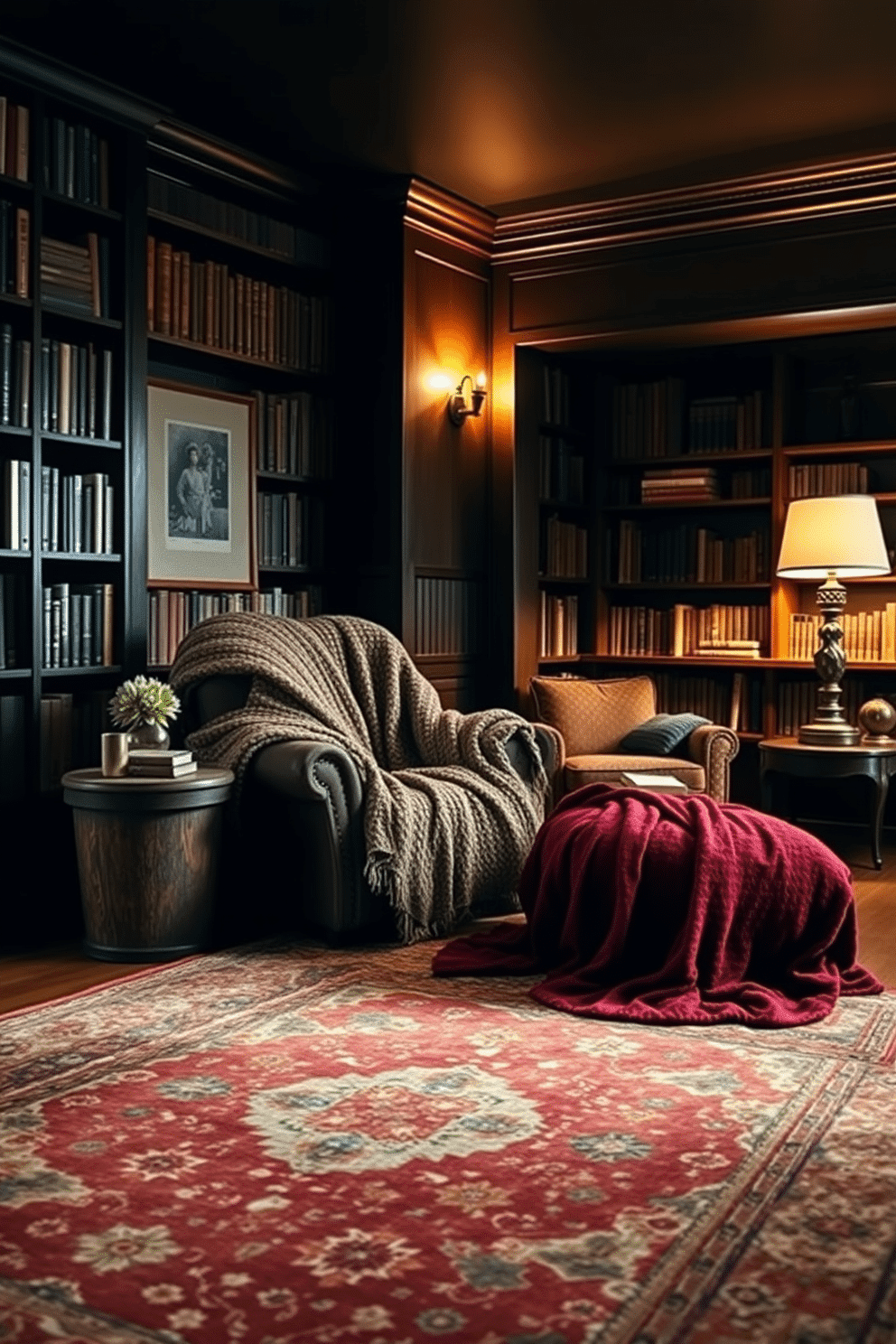 A cozy home library filled with rich, textured throw blankets in deep jewel tones draped over a plush, oversized armchair. The walls are lined with dark wood bookshelves, and a warm, ambient light casts soft shadows across the room, inviting relaxation and contemplation. A moody library design featuring a combination of dark, painted walls and warm wooden accents creates an intimate atmosphere. A large, vintage rug anchors the space, while a reading nook with a comfortable chaise lounge and a small side table offers the perfect spot for enjoying a good book.