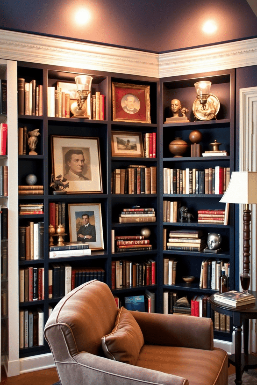 A personalized bookshelf arrangement features an eclectic mix of books, art pieces, and decorative objects that reflect the owner's personality. The shelves are painted a deep navy blue, creating a striking backdrop for the warm wood tones of the books and accessories. In this moody home library, soft lighting from vintage sconces casts a warm glow, enhancing the inviting atmosphere. A plush, oversized armchair sits in the corner, accompanied by a small side table for a cup of tea or a glass of wine, inviting relaxation and escape into the world of literature.