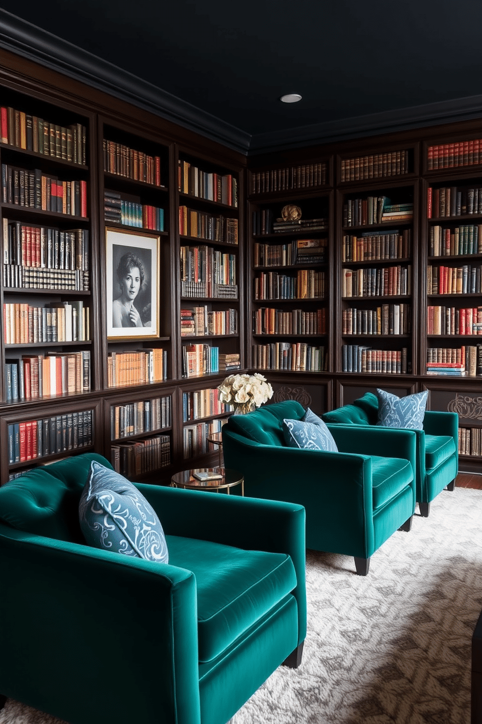 A moody home library featuring rich velvet armchairs in deep jewel tones, such as emerald green and sapphire blue. The walls are lined with dark wood bookshelves filled with an eclectic collection of books, and a plush area rug anchors the seating area.