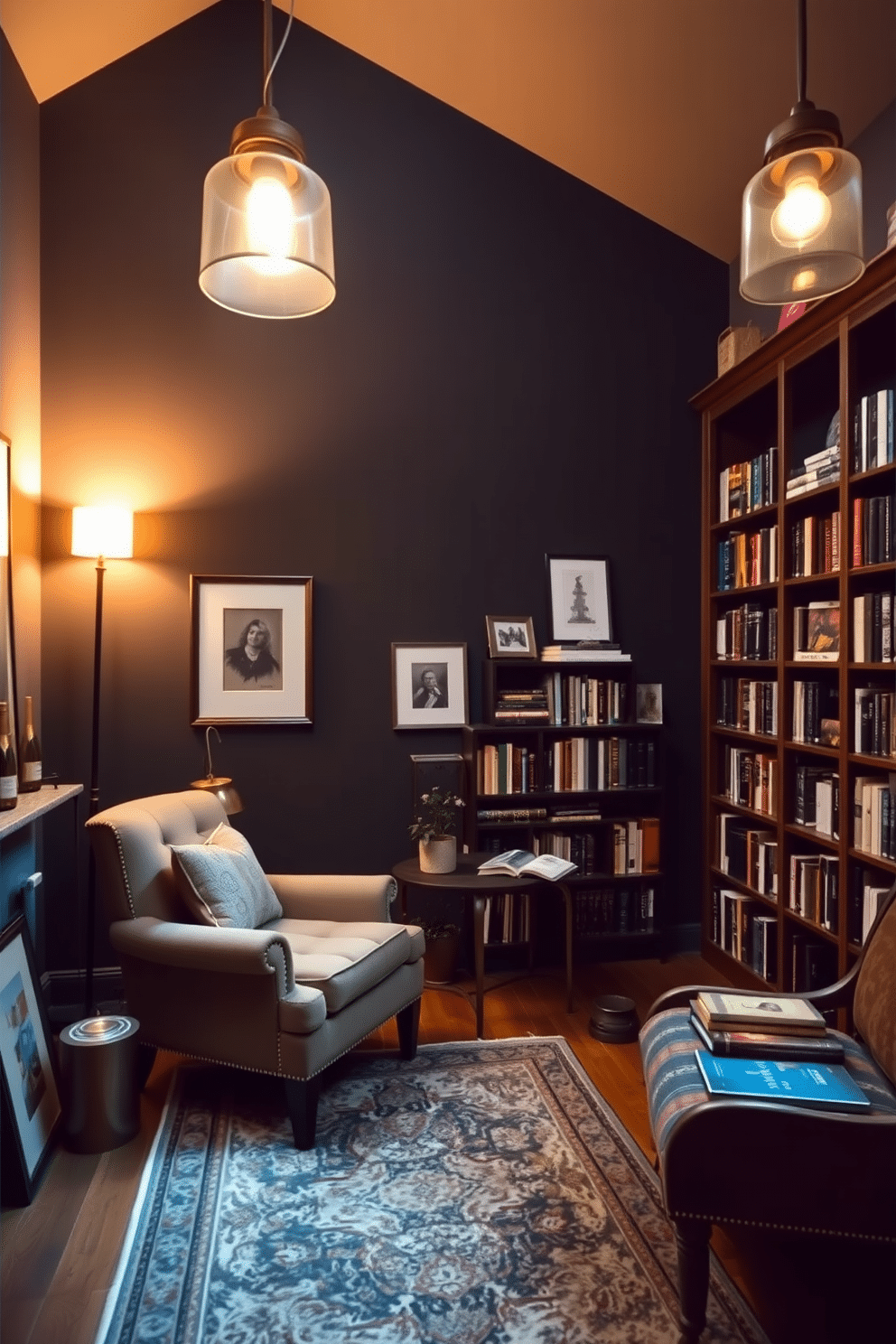 A cozy home library featuring an accent wall painted in a deep, moody color that adds drama and sophistication to the space. The shelves are lined with books, and a plush armchair sits in the corner, inviting readers to relax with a good book. Soft lighting fixtures illuminate the room, creating a warm ambiance that enhances the rich hues of the wall. A vintage rug anchors the seating area, while decorative elements like framed art and a small side table add personal touches to the design.