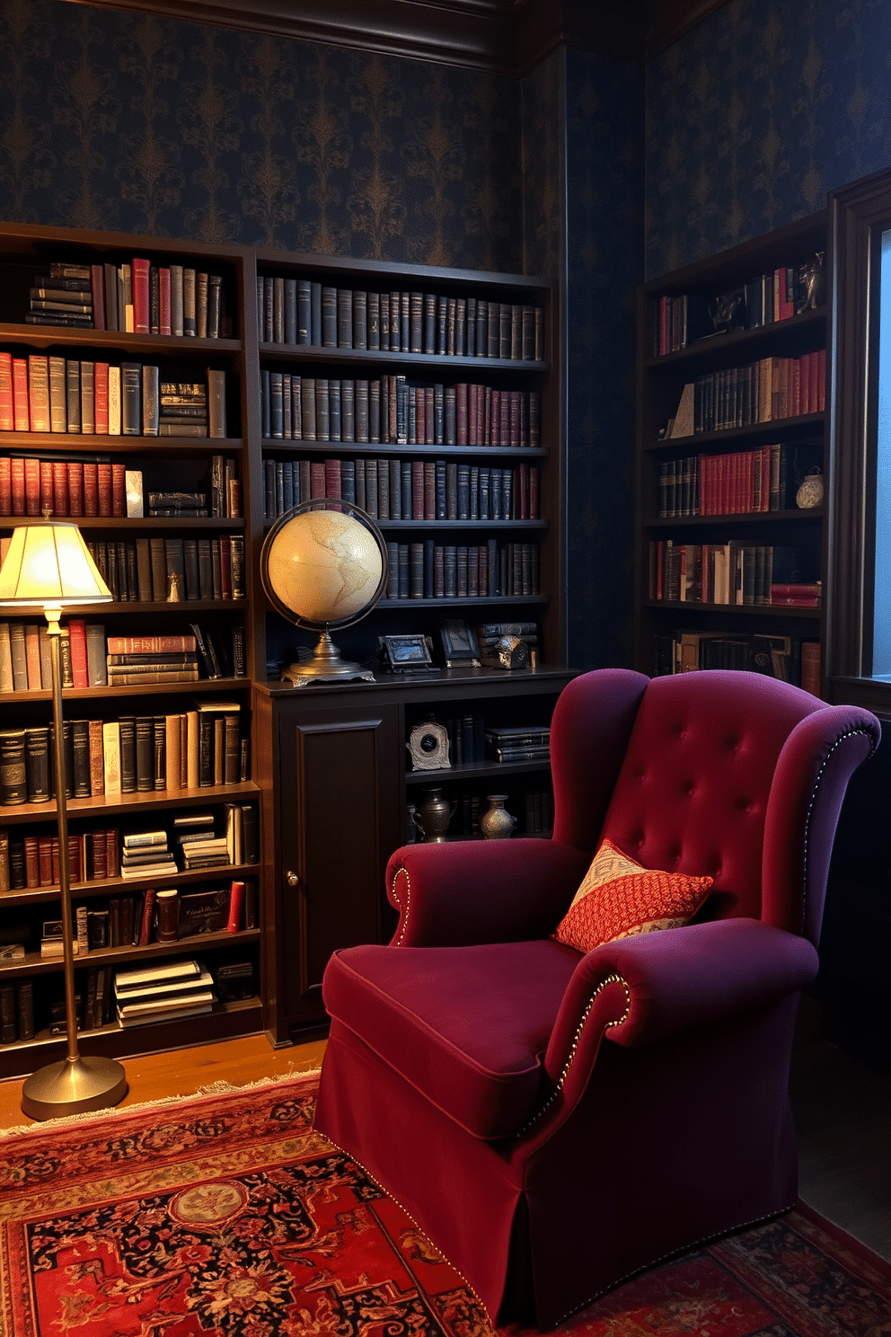 A vintage globe sits elegantly on a dark mahogany bookshelf, surrounded by an array of classic literature and antique trinkets. Soft, ambient lighting from a brass floor lamp casts a warm glow, creating an inviting atmosphere for reading and reflection. The walls are lined with rich, deep blue wallpaper adorned with subtle gold patterns, enhancing the library's moody ambiance. A plush, oversized armchair in a deep burgundy fabric invites you to curl up with a book, while an intricately woven Persian rug adds texture and warmth to the space.