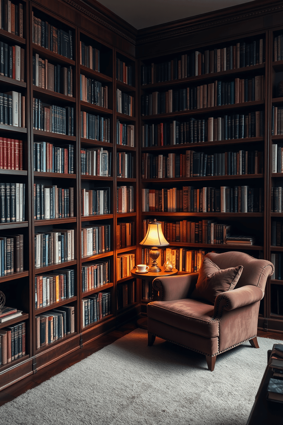 A cozy home library featuring rich mahogany bookshelves that stretch from floor to ceiling, filled with an array of classic literature and modern novels. A plush, oversized armchair sits in the corner, paired with a small side table holding a steaming cup of tea and a vintage reading lamp that casts a warm glow. Incorporated into the design is a state-of-the-art ambient music system, seamlessly integrated into the walls, providing a soothing soundtrack to enhance the reading experience. Soft, dimmable lighting complements the music, creating a tranquil atmosphere perfect for unwinding with a good book.