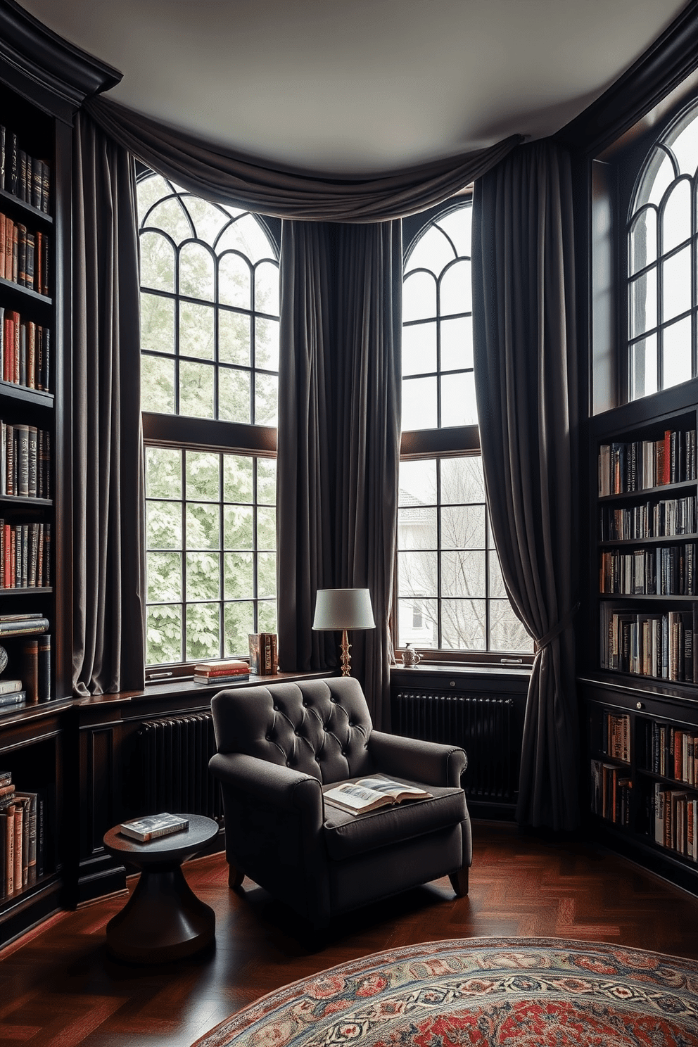 A moody home library featuring large windows adorned with heavy drapery that cascades elegantly to the floor. The walls are lined with dark wood bookshelves filled with an eclectic collection of books, while a plush, deep-colored armchair invites you to curl up with a good read.