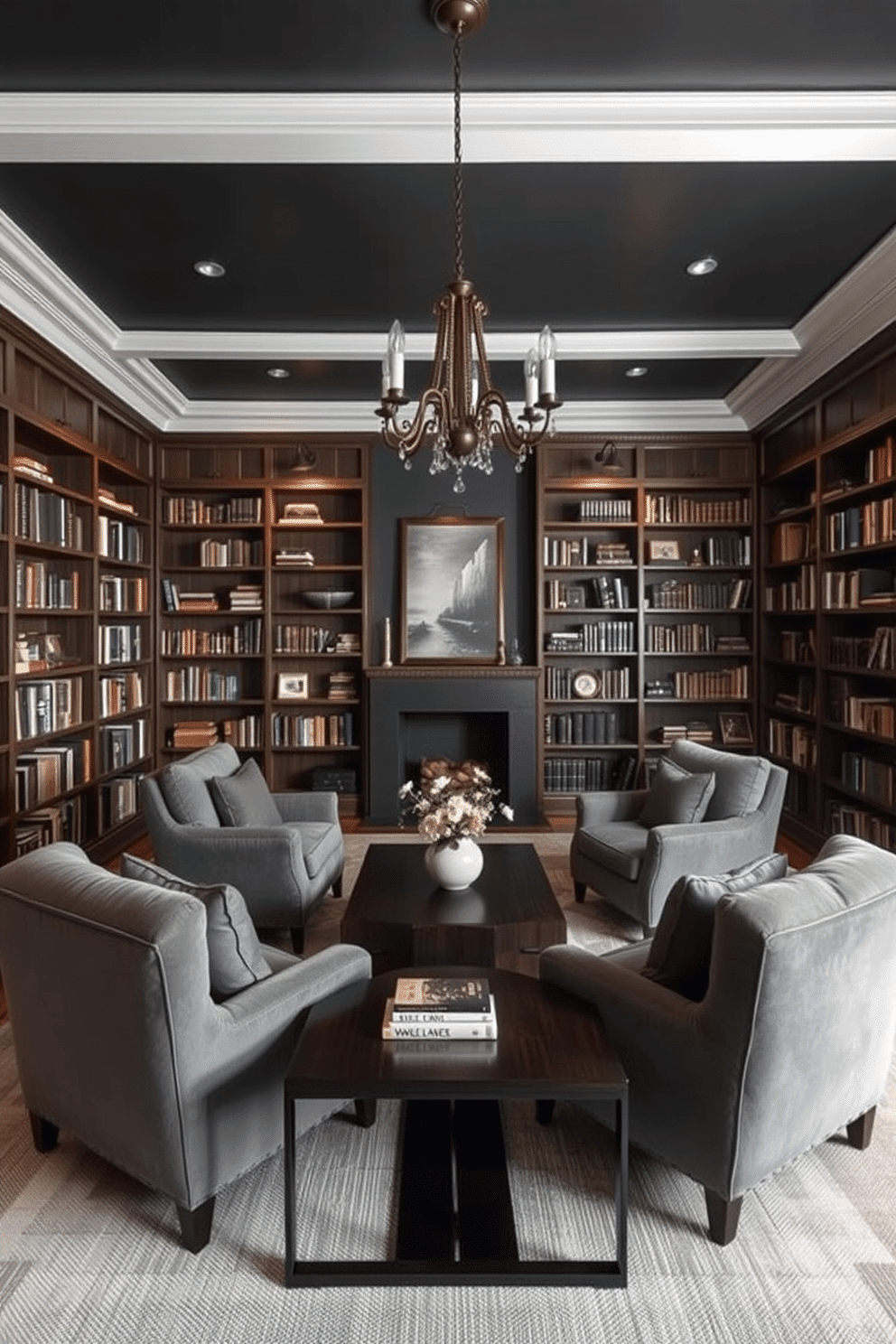 A moody home library featuring a rich palette of grays, with deep charcoal walls that create a cozy atmosphere. Plush, oversized armchairs in a lighter gray are positioned around a sleek, dark wood coffee table, inviting relaxation and contemplation. The library is lined with floor-to-ceiling bookshelves made of reclaimed wood, showcasing an array of books and decorative items. Soft, ambient lighting is provided by stylish sconces and a statement chandelier, casting a warm glow over the space.