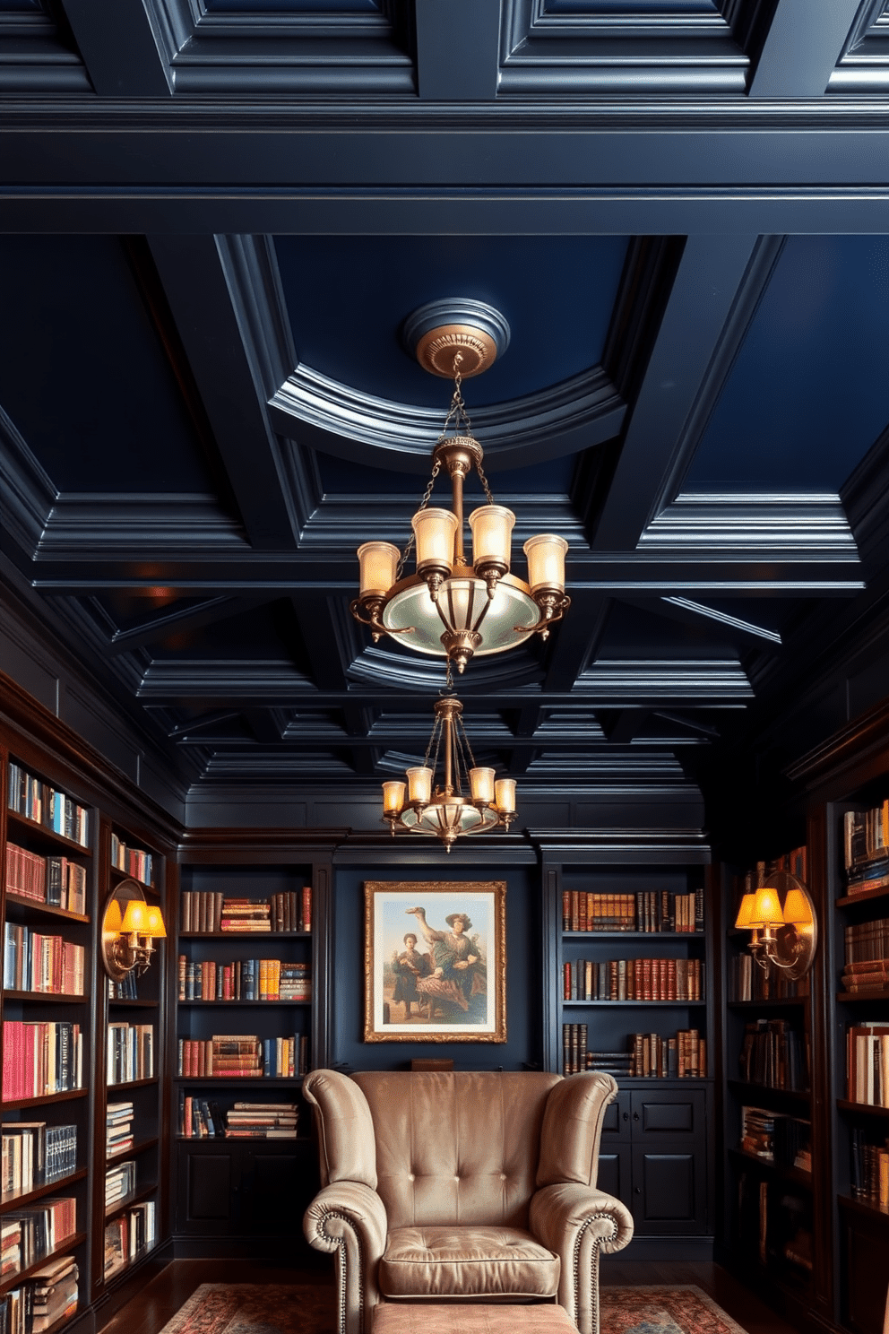 Artistic ceiling design with dark tones. A dramatic coffered ceiling features deep charcoal beams, contrasting with a rich navy blue backdrop. Elegant pendant lights hang from the center, casting a warm glow over the room. Moody home library design ideas. Dark mahogany bookshelves line the walls, filled with an array of books, while a plush, oversized armchair sits invitingly in the corner. Soft, ambient lighting from vintage sconces enhances the cozy atmosphere, making it the perfect retreat for reading.