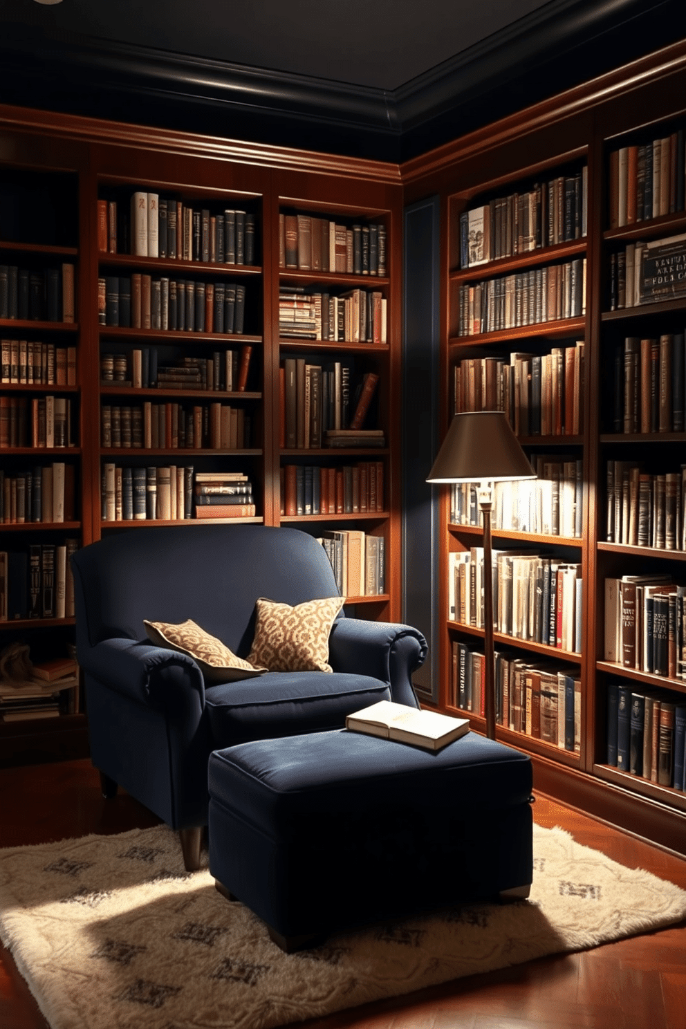 A cozy reading nook features a plush armchair upholstered in deep navy fabric, accompanied by a matching ottoman for ultimate relaxation. The space is illuminated by a vintage floor lamp, casting a warm glow over the rich mahogany bookshelves filled with an eclectic collection of books. The walls are adorned with dark, moody paint, creating an intimate atmosphere perfect for quiet reading. A soft, patterned area rug lies beneath the chair, adding texture and warmth to the sophisticated library setting.