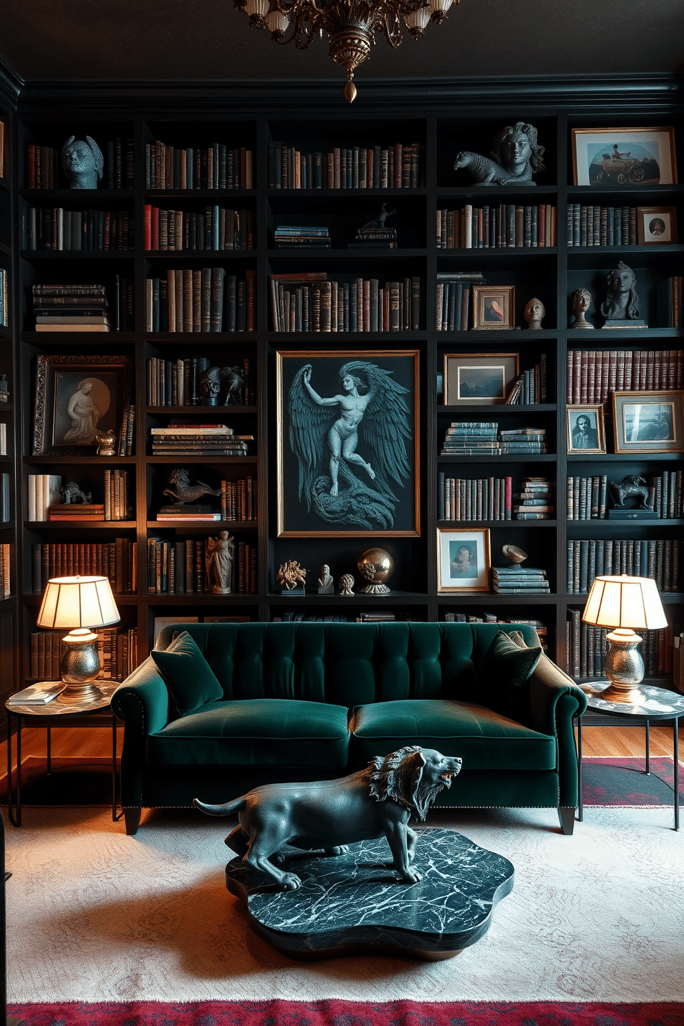 A moody home library filled with unique sculptures and art pieces. The walls are lined with dark wood bookshelves, showcasing an eclectic mix of books and striking art, creating a dramatic and inviting atmosphere. In the center, a plush velvet sofa in deep emerald green invites relaxation, while a sculptural coffee table made of marble adds an artistic touch. Soft, ambient lighting from vintage-style lamps casts a warm glow, enhancing the rich textures and colors throughout the space.