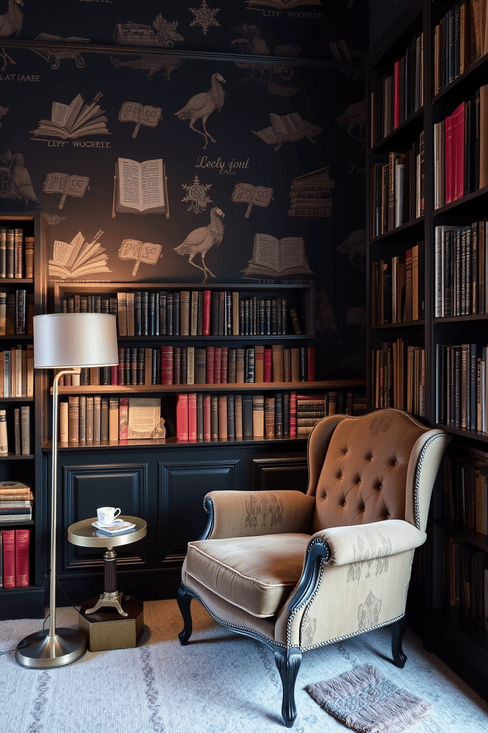 Moody wallpaper adorned with literary motifs creates an inviting atmosphere in a home library. Rich, dark colors envelop the space, while bookshelves filled with classic literature line the walls, inviting exploration. A plush, vintage armchair sits in the corner, accompanied by a small side table holding a steaming cup of tea. Soft, ambient lighting from a stylish floor lamp casts a warm glow, enhancing the cozy, intellectual vibe of the room.