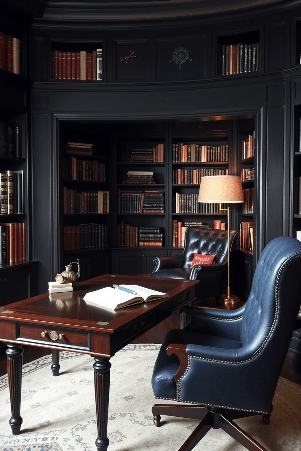 A stylish desk for writing and studying. The desk is made of dark wood with elegant brass hardware, complemented by a plush, ergonomic chair upholstered in rich navy fabric. Moody home library design ideas. The walls are lined with dark, built-in bookshelves filled with an array of books, while a cozy reading nook features a vintage leather armchair and a warm, ambient floor lamp.