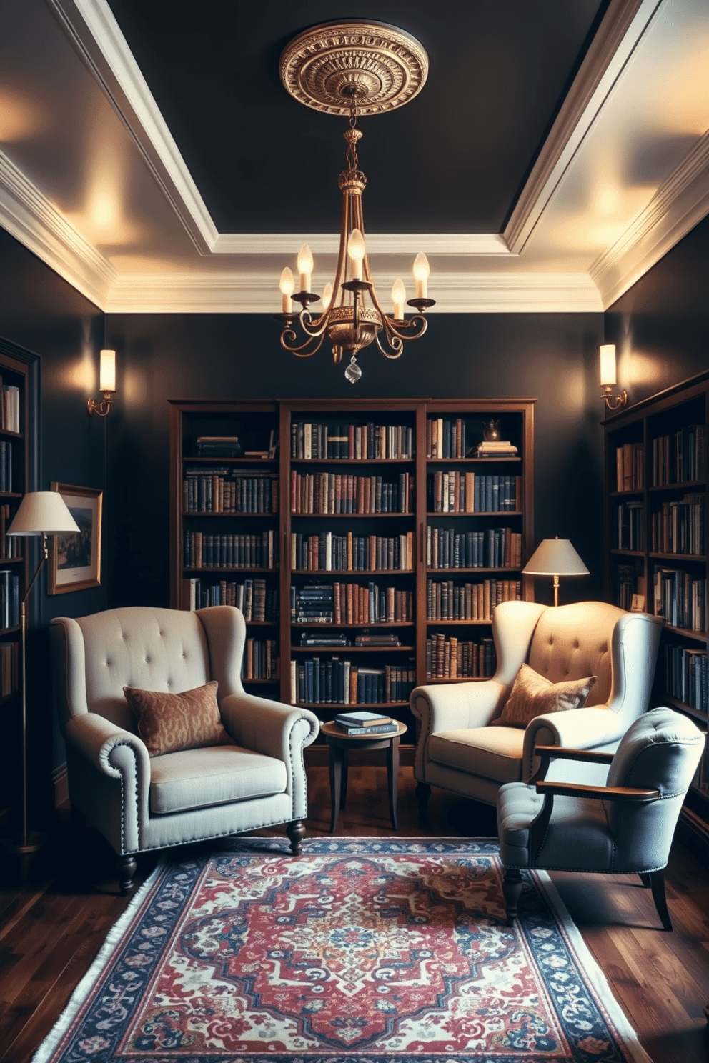 A cozy home library with layered lighting that creates a warm ambiance. Soft, adjustable sconces line the walls, complemented by a central chandelier that casts a gentle glow over plush armchairs and a rich wooden bookshelf filled with books. The space features deep, rich colors on the walls, such as navy blue or forest green, to enhance the moody atmosphere. A vintage rug lies underfoot, adding texture and warmth, while a small reading nook by the window is adorned with a comfortable chair and a side table for drinks.