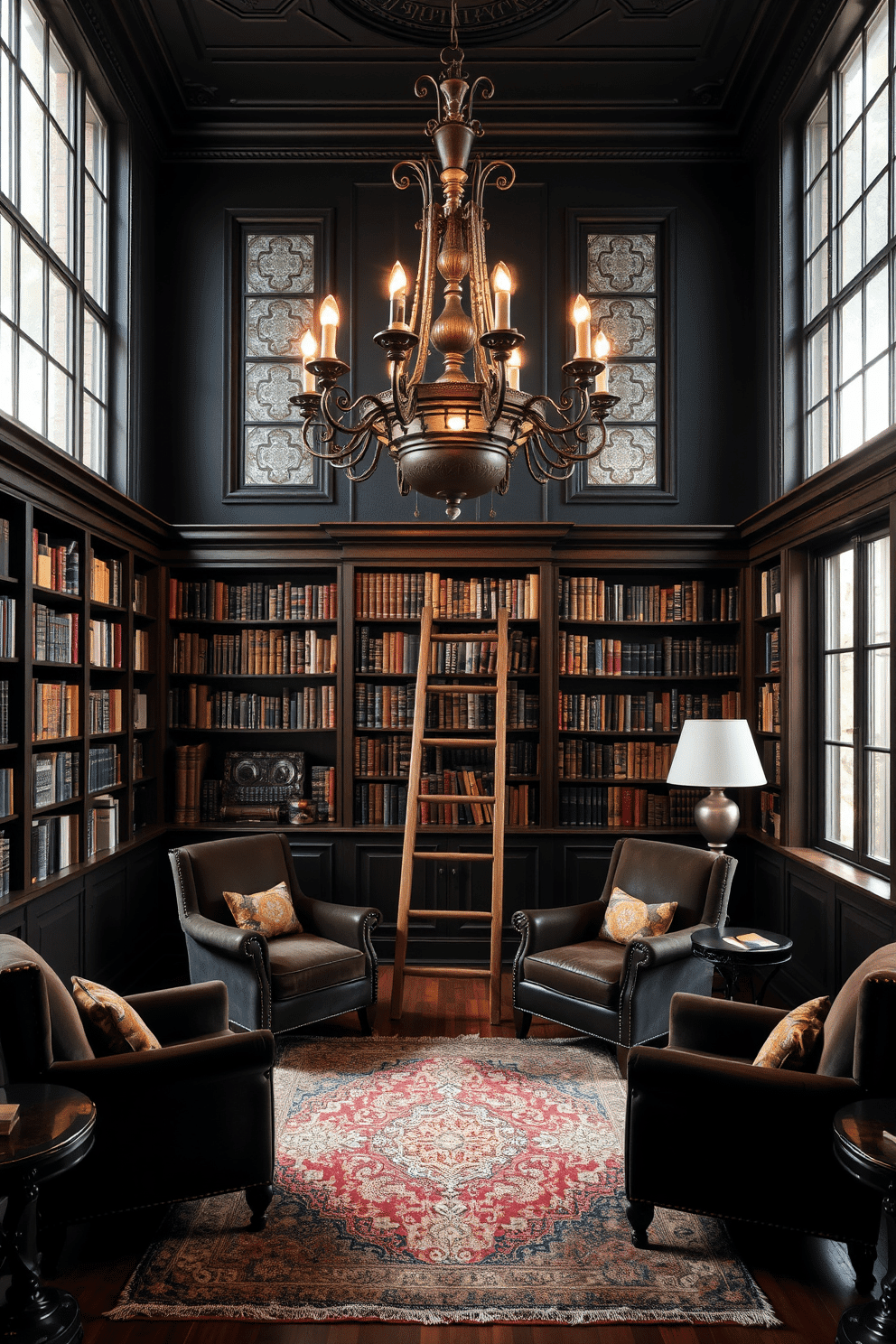 A grand home library featuring a statement chandelier in an antique finish, casting a warm glow over the rich wooden bookshelves. Plush, deep-seated armchairs are arranged around a vintage rug, inviting relaxation amidst the curated collection of books. The walls are adorned with dark, moody paint, creating an intimate atmosphere, while large windows allow soft, diffused light to filter in. A classic wooden ladder leans against the shelves, adding a touch of elegance and functionality to the space.