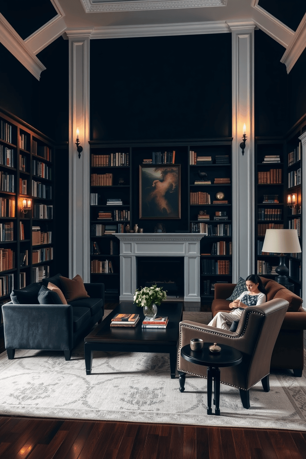 A moody home library featuring deep navy walls contrasted by crisp white trim creates a sophisticated and inviting atmosphere. Plush seating arrangements are placed strategically around a dark wood coffee table, surrounded by floor-to-ceiling bookshelves filled with an eclectic mix of books and decorative objects. The warm glow of vintage-style sconces illuminates the space, casting soft shadows that enhance the rich color palette. A large area rug in muted tones anchors the seating area, while a cozy reading nook with a comfortable armchair and a small side table invites relaxation and contemplation.