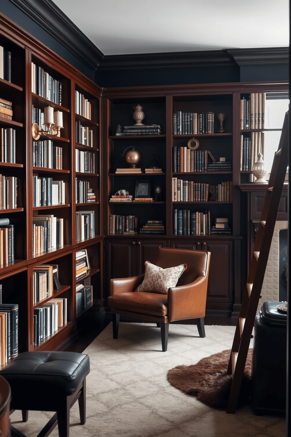 A moody home library featuring a blend of vintage and modern decor. Rich mahogany bookshelves line the walls, filled with an eclectic collection of books and decorative objects, while a sleek, contemporary leather armchair sits in the corner, inviting relaxation. The walls are painted a deep navy blue, creating an intimate atmosphere, with soft, ambient lighting from vintage brass sconces. A plush area rug in muted tones anchors the space, and a vintage wooden ladder leans against the shelves, adding character and functionality.