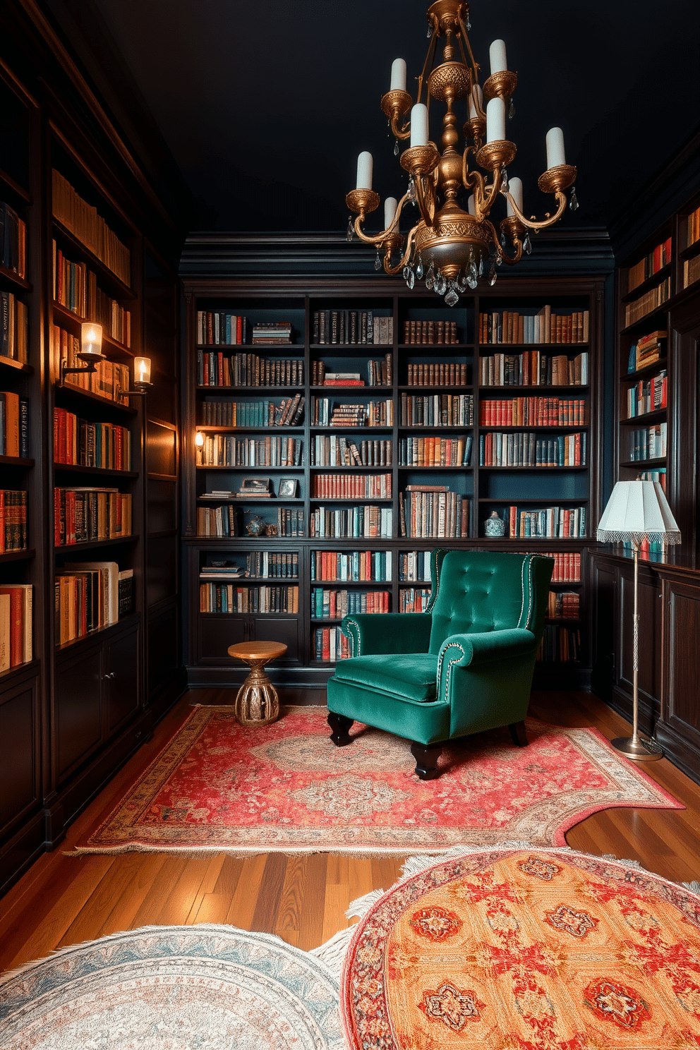 Warm, textured rugs in rich earth tones are scattered across the hardwood floor, creating a cozy atmosphere. Soft lighting from vintage sconces casts a warm glow, inviting relaxation and reading. A moody home library features dark wood bookshelves filled with an array of books, complemented by a plush, deep green velvet armchair. The walls are painted in a deep navy, and a large, ornate chandelier hangs from the ceiling, adding a touch of elegance.