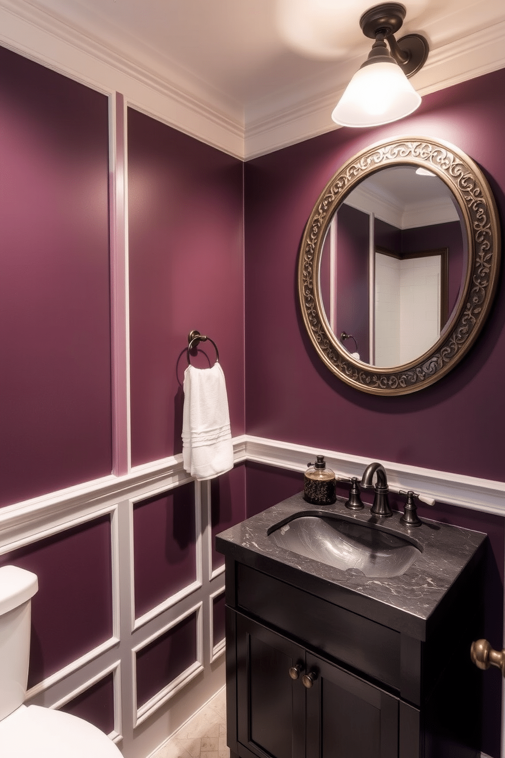 A moody powder room features muted plum walls that create a rich, inviting atmosphere, complemented by crisp white trim that adds a touch of elegance. The space is adorned with a sleek, modern sink mounted on a dark wood vanity, with stylish fixtures that enhance the overall design. Soft ambient lighting casts a warm glow, highlighting the intricate details of the decor. A large round mirror with a decorative frame hangs above the sink, reflecting the sophisticated color palette and making the room feel more spacious.