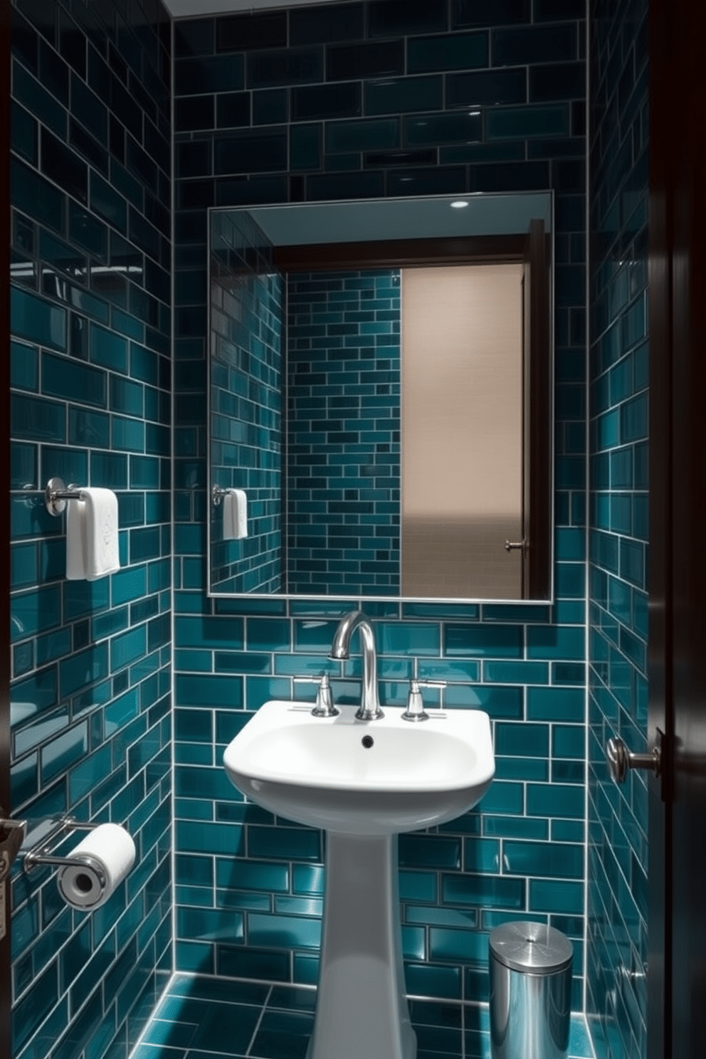 A moody powder room featuring deep teal tiles that create a rich, immersive ambiance. The polished chrome fixtures add a sleek contrast, enhancing the overall sophistication of the space. A stylish pedestal sink is complemented by a large, frameless mirror that reflects the vibrant tiles. Soft, ambient lighting highlights the textures and colors, creating a welcoming atmosphere.