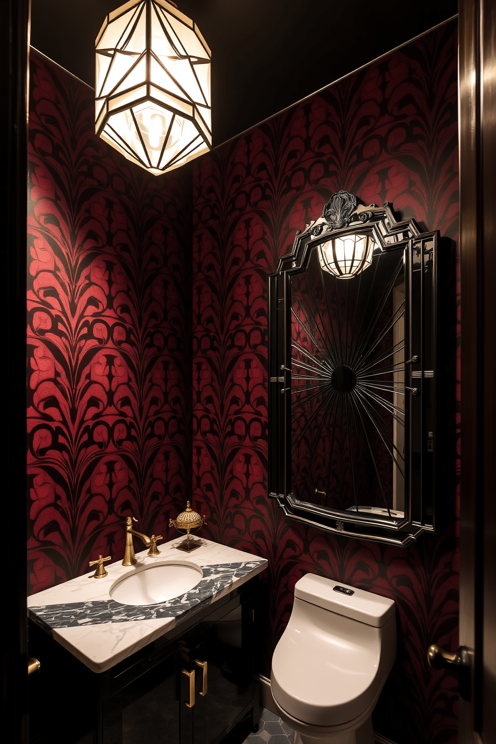 Art deco style with bold geometric patterns. The walls are adorned with rich, deep colors featuring intricate, angular designs, while the ceiling boasts a stunning chandelier with a geometric motif. The powder room features a sleek black vanity with gold accents and a marble sink. A large, ornate mirror reflects the dramatic lighting, creating an inviting yet moody atmosphere.