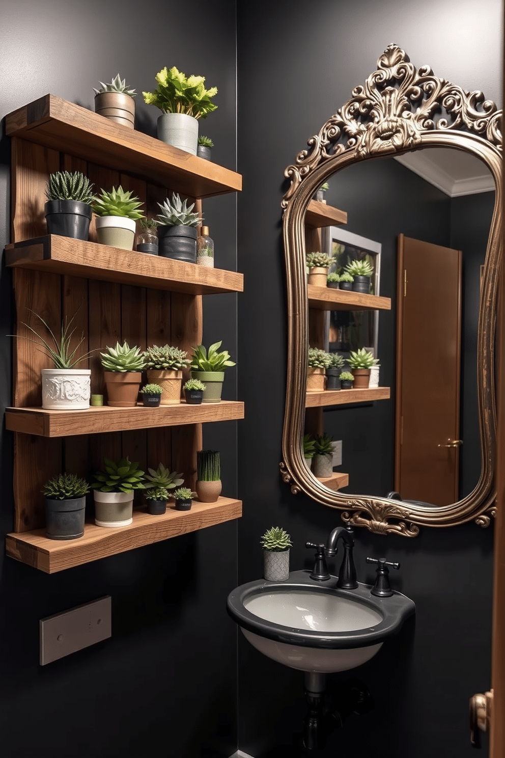 Rustic wood shelves are mounted on the wall, adorned with an array of decorative plants in varying sizes and textures, creating a warm, inviting atmosphere. The shelves are complemented by soft, ambient lighting that highlights the natural beauty of the wood and the greenery. The powder room features deep, moody colors with dark-painted walls and a vintage-style sink. A large, ornate mirror hangs above the sink, reflecting the stylish fixtures and the carefully curated decor, including small potted plants and elegant accessories.