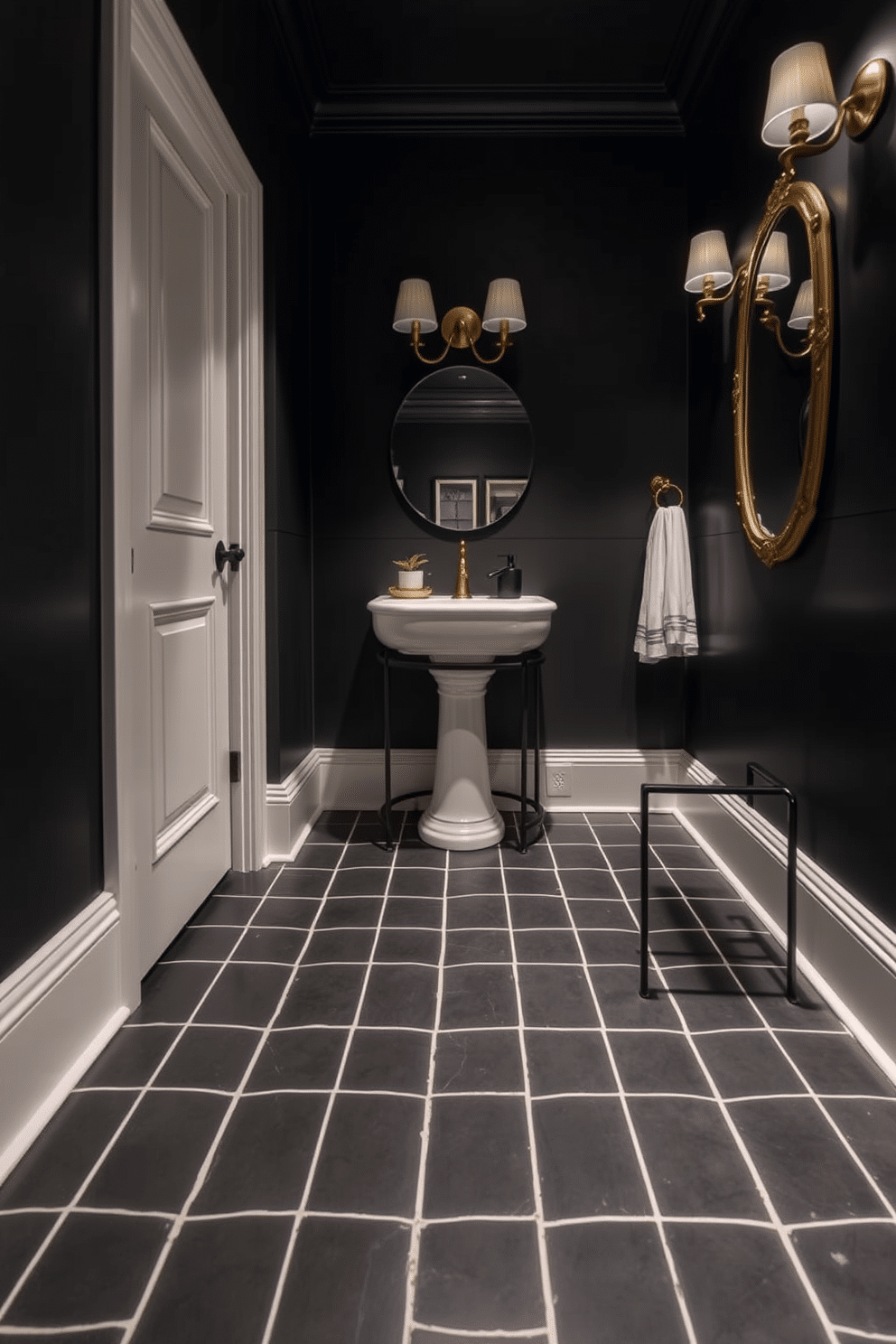 A moody powder room featuring a dark tile floor accented with light grout lines creates a striking contrast. The walls are adorned with deep, rich colors, complemented by elegant fixtures that enhance the sophisticated ambiance.