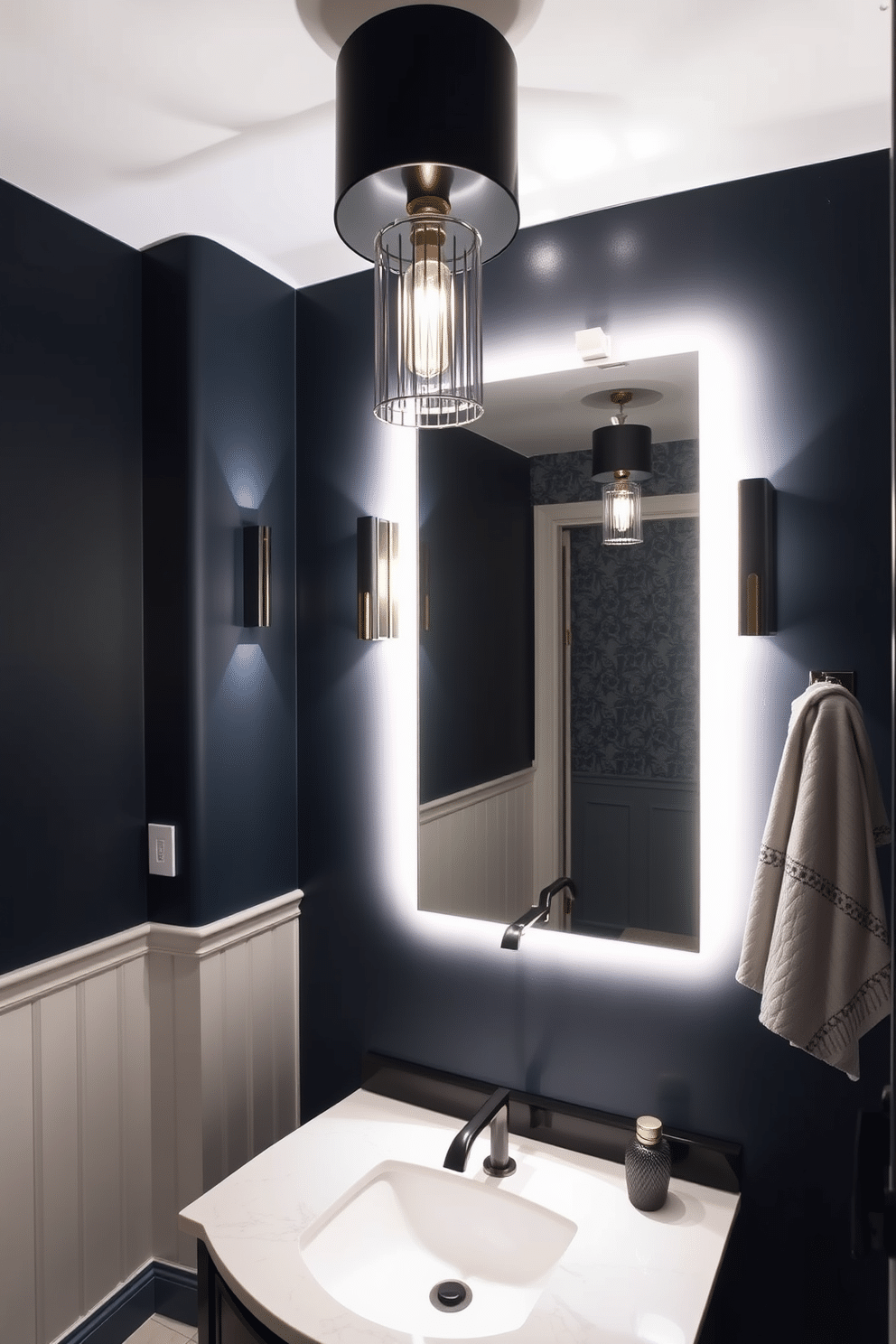 A moody powder room featuring layered lighting to create dramatic effects. The space is illuminated by a combination of wall sconces, recessed lighting, and a striking pendant light, casting soft shadows across the room. The walls are painted in a deep navy blue, complemented by a bold, patterned wallpaper on one accent wall. A sleek black vanity with a white marble countertop sits beneath a large, illuminated mirror, enhancing the room's sophisticated ambiance.