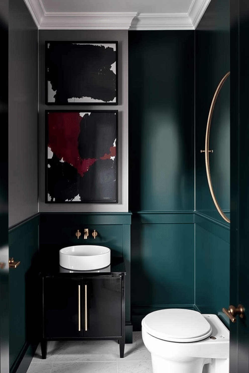 Moody abstract art adorns a gallery wall, featuring deep hues of navy and burgundy that evoke a sense of drama and sophistication. The artwork is complemented by sleek black frames, creating a striking focal point in the room. The powder room design embraces a moody palette, with dark emerald green walls that create an intimate atmosphere. A minimalist black vanity with a white vessel sink sits against the wall, accented by brushed gold fixtures and a large round mirror that reflects the ambient lighting.