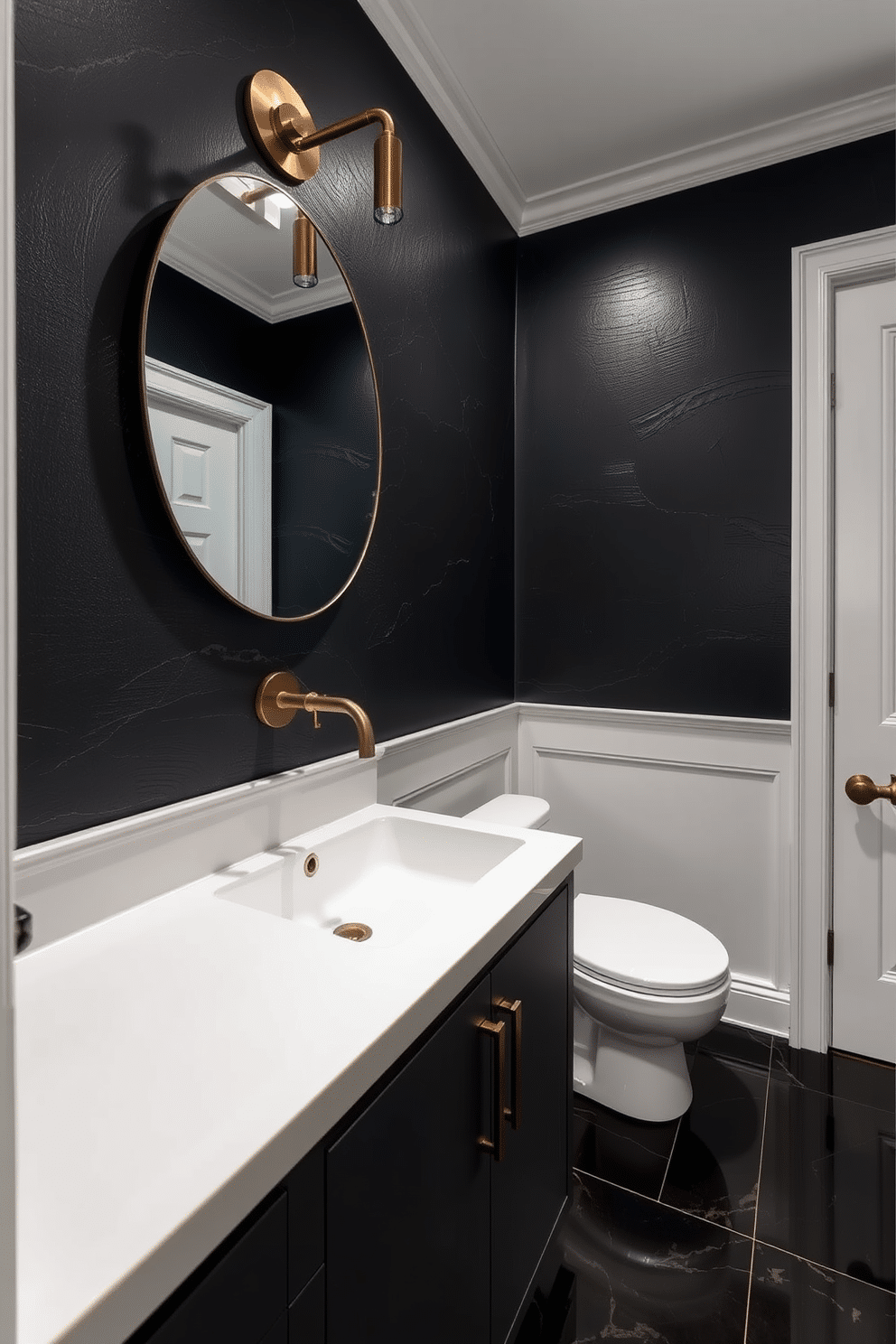 A moody powder room featuring dark surfaces with rich textures, creating an intimate atmosphere. The space is accented by elegant bronze fixtures that add warmth and sophistication. The walls are painted in a deep charcoal hue, while the floor showcases dark, glossy tiles. A sleek, modern sink with a striking bronze faucet sits atop a minimalist vanity, enhancing the space's contemporary feel.